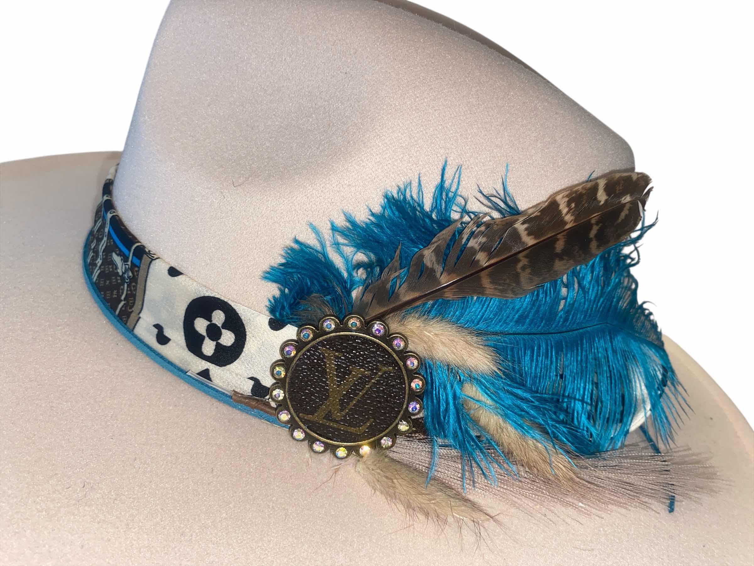 Photo 1 of NEW - CUSTOM DECORATED CREAM UPCYCLED LOUIS VUITTON MONOGRAM EMBELLISHMENTS  WESTERN HAT WITH FEATHERS  - ADJUSTABLE WITH INTERIOR RIBBON - TIE TO FIT