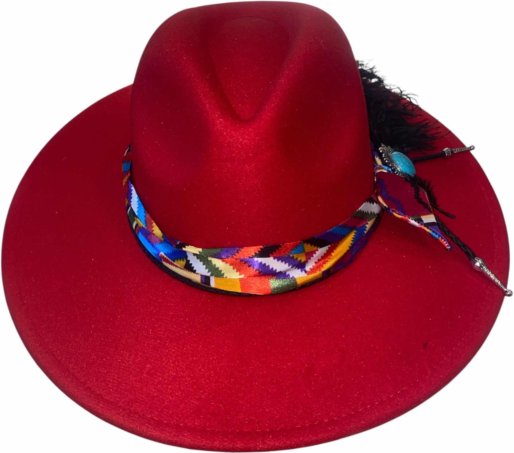Photo 1 of NEW - CUSTOM DECORATED SCARLET RED FEDORA HAT WITH FEATHERS - ADJUSTABLE WITH INTERIOR RIBBON - TIE TO FIT