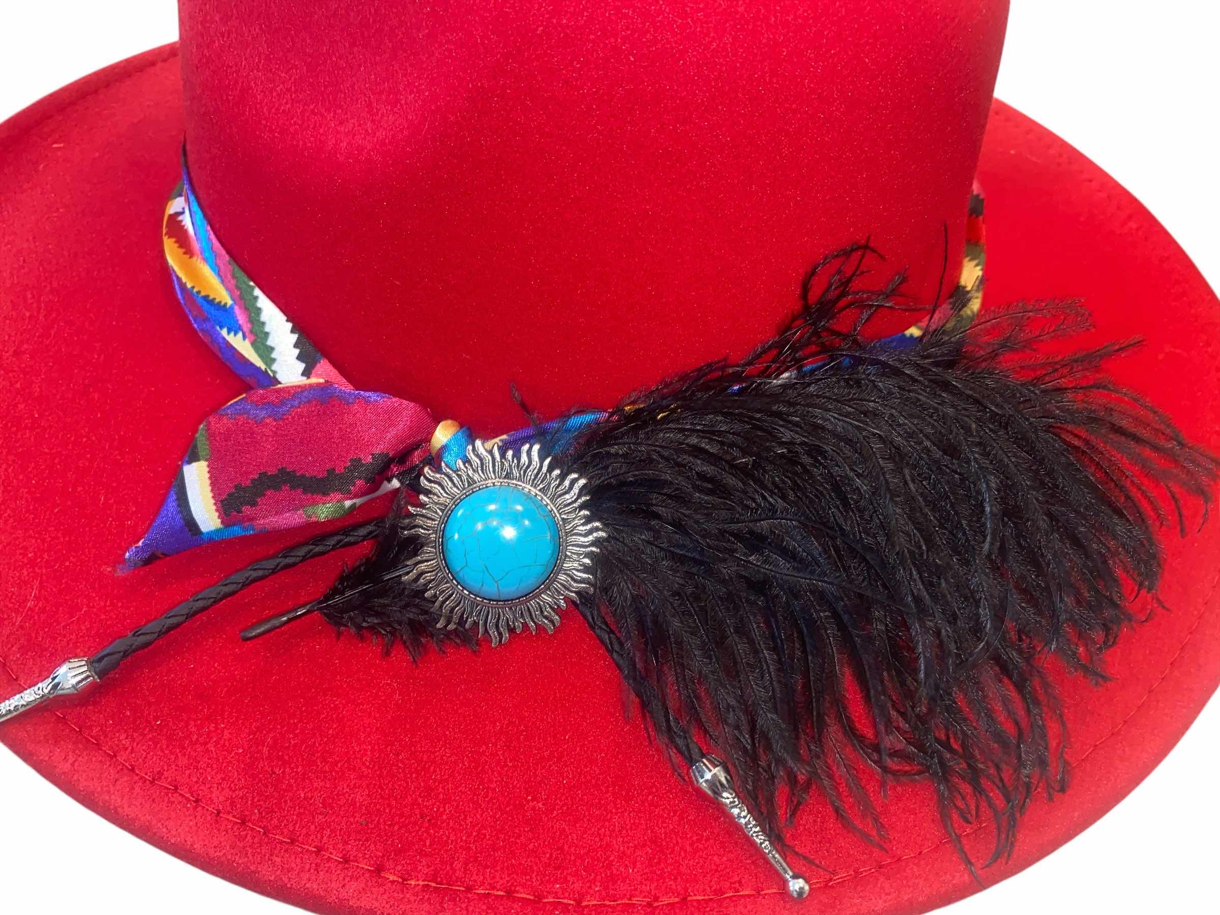 Photo 1 of NEW - CUSTOM DECORATED SCARLET RED FEDORA HAT WITH FEATHERS - ADJUSTABLE WITH INTERIOR RIBBON - TIE TO FIT
