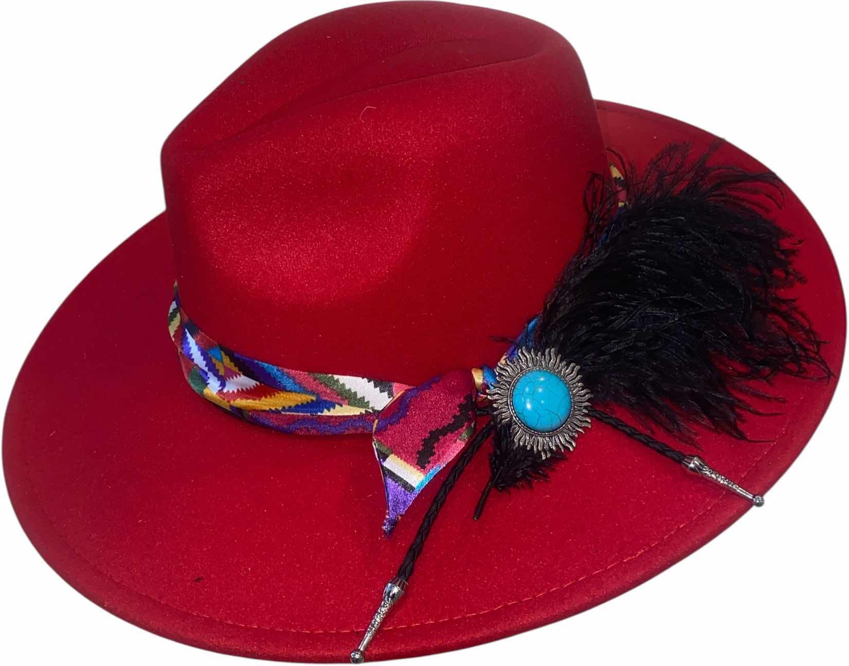 Photo 1 of NEW - CUSTOM DECORATED SCARLET RED FEDORA HAT WITH FEATHERS - ADJUSTABLE WITH INTERIOR RIBBON - TIE TO FIT
