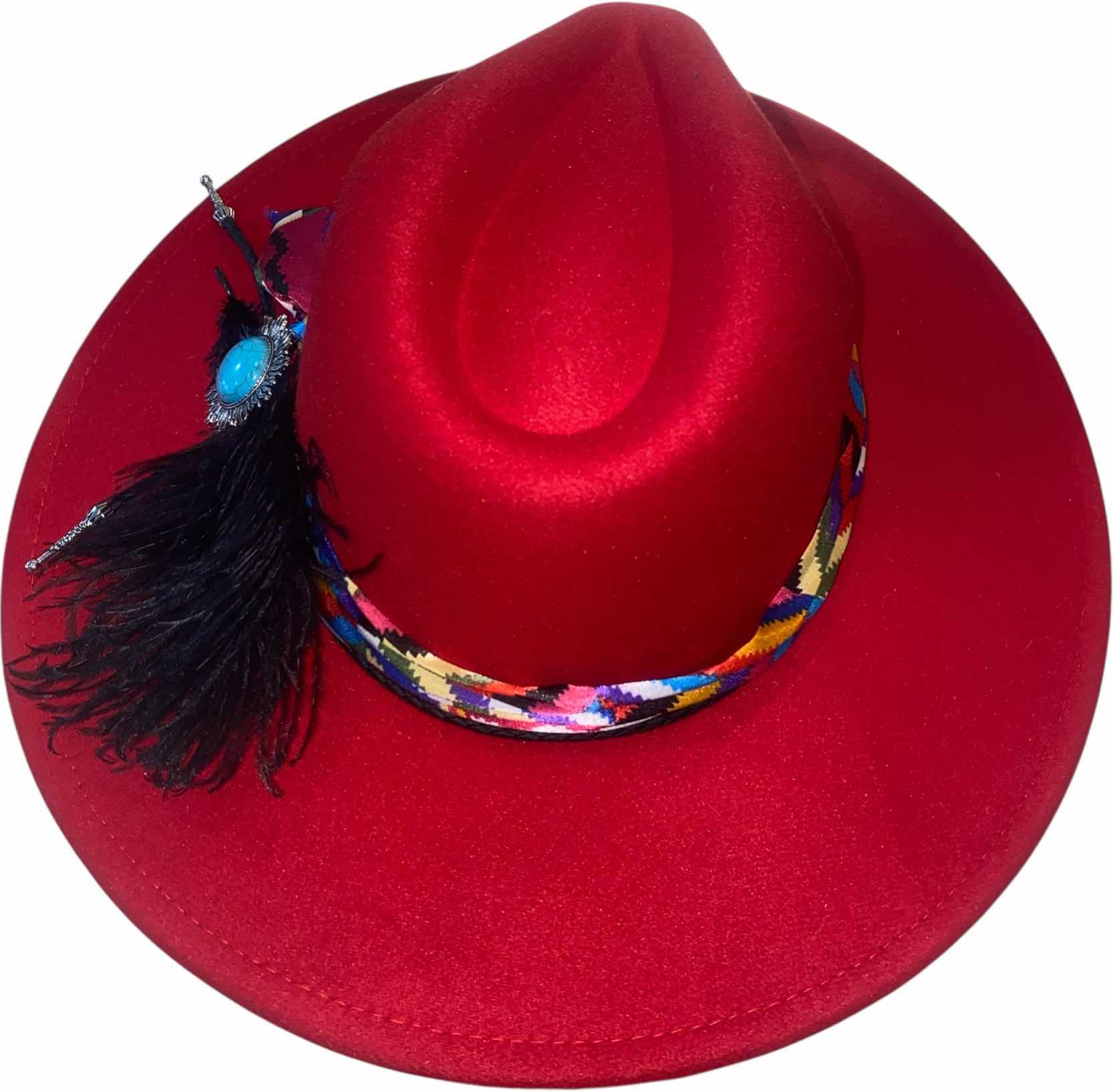 Photo 1 of NEW - CUSTOM DECORATED SCARLET RED FEDORA HAT WITH FEATHERS - ADJUSTABLE WITH INTERIOR RIBBON - TIE TO FIT