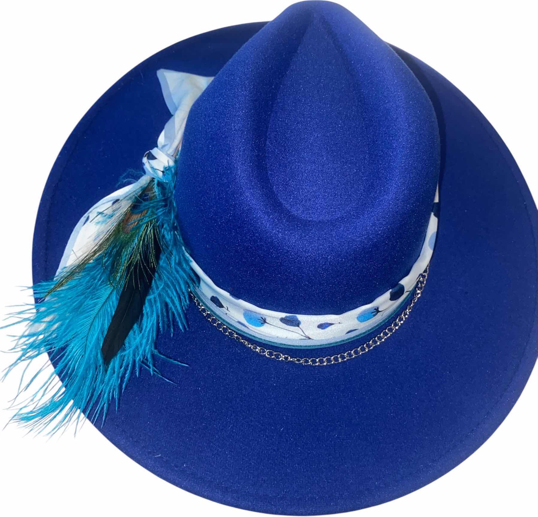 Photo 1 of NEW - CUSTOM DECORATED SAPPHIRE BLUE FEDORA HAT WITH FEATHERS - ADJUSTABLE WITH INTERIOR RIBBON - TIE TO FIT