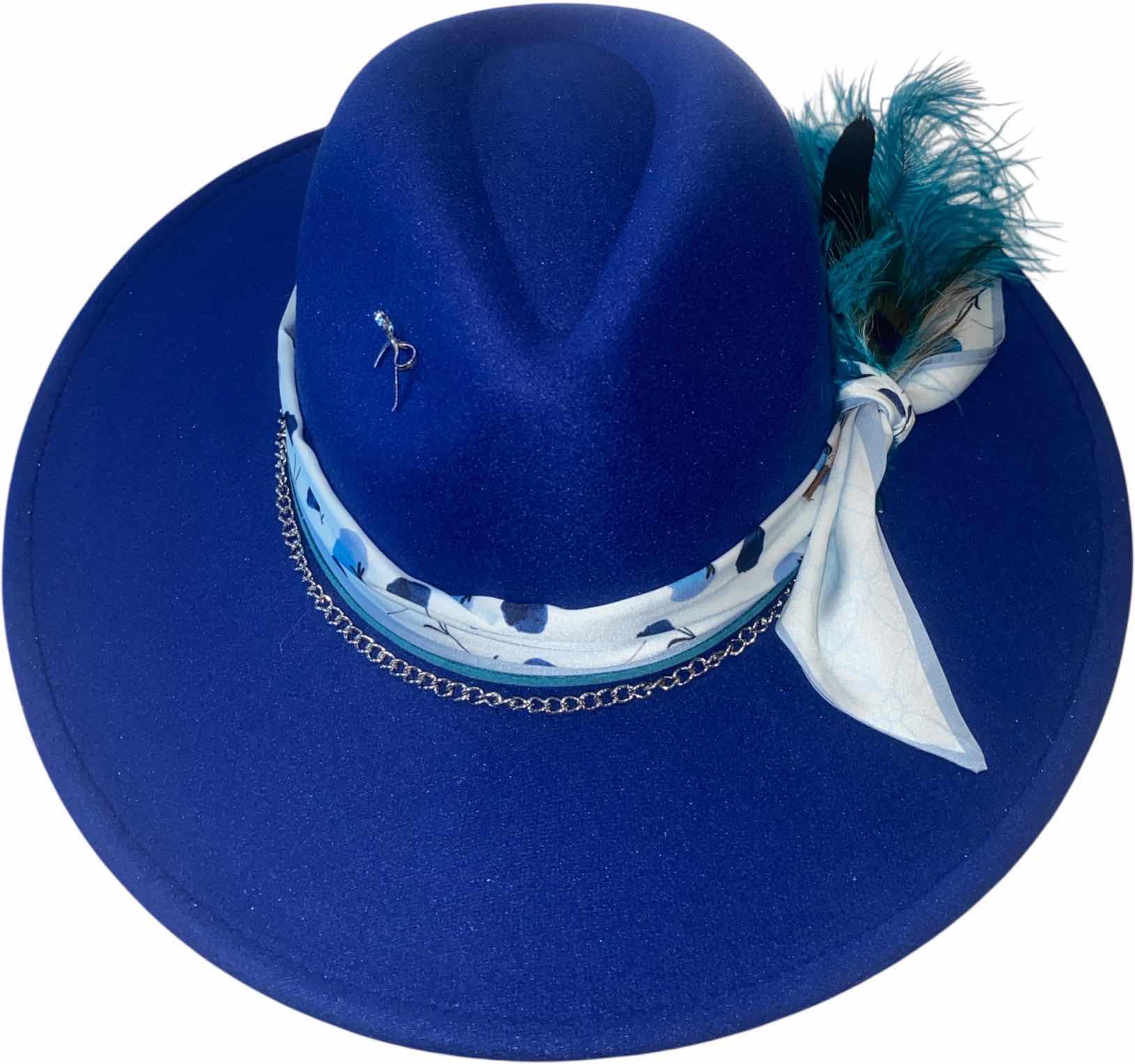Photo 1 of NEW - CUSTOM DECORATED SAPPHIRE BLUE FEDORA HAT WITH FEATHERS - ADJUSTABLE WITH INTERIOR RIBBON - TIE TO FIT