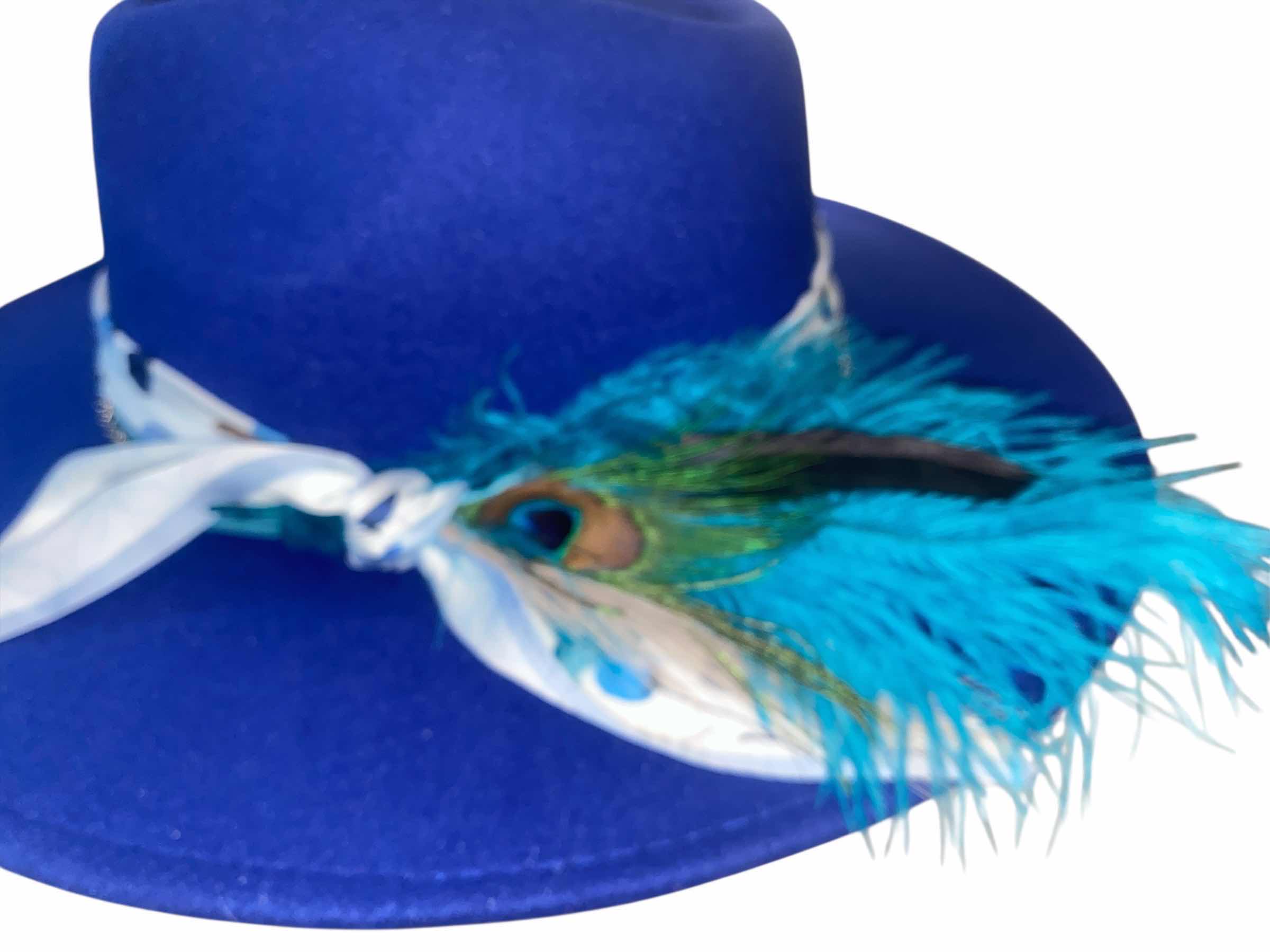 Photo 1 of NEW - CUSTOM DECORATED SAPPHIRE BLUE FEDORA HAT WITH FEATHERS - ADJUSTABLE WITH INTERIOR RIBBON - TIE TO FIT