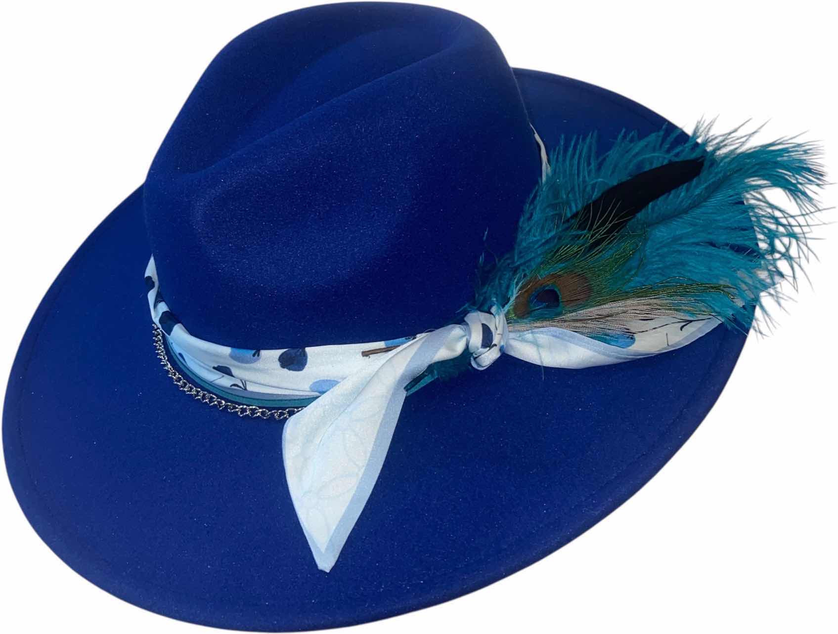 Photo 1 of NEW - CUSTOM DECORATED SAPPHIRE BLUE FEDORA HAT WITH FEATHERS - ADJUSTABLE WITH INTERIOR RIBBON - TIE TO FIT