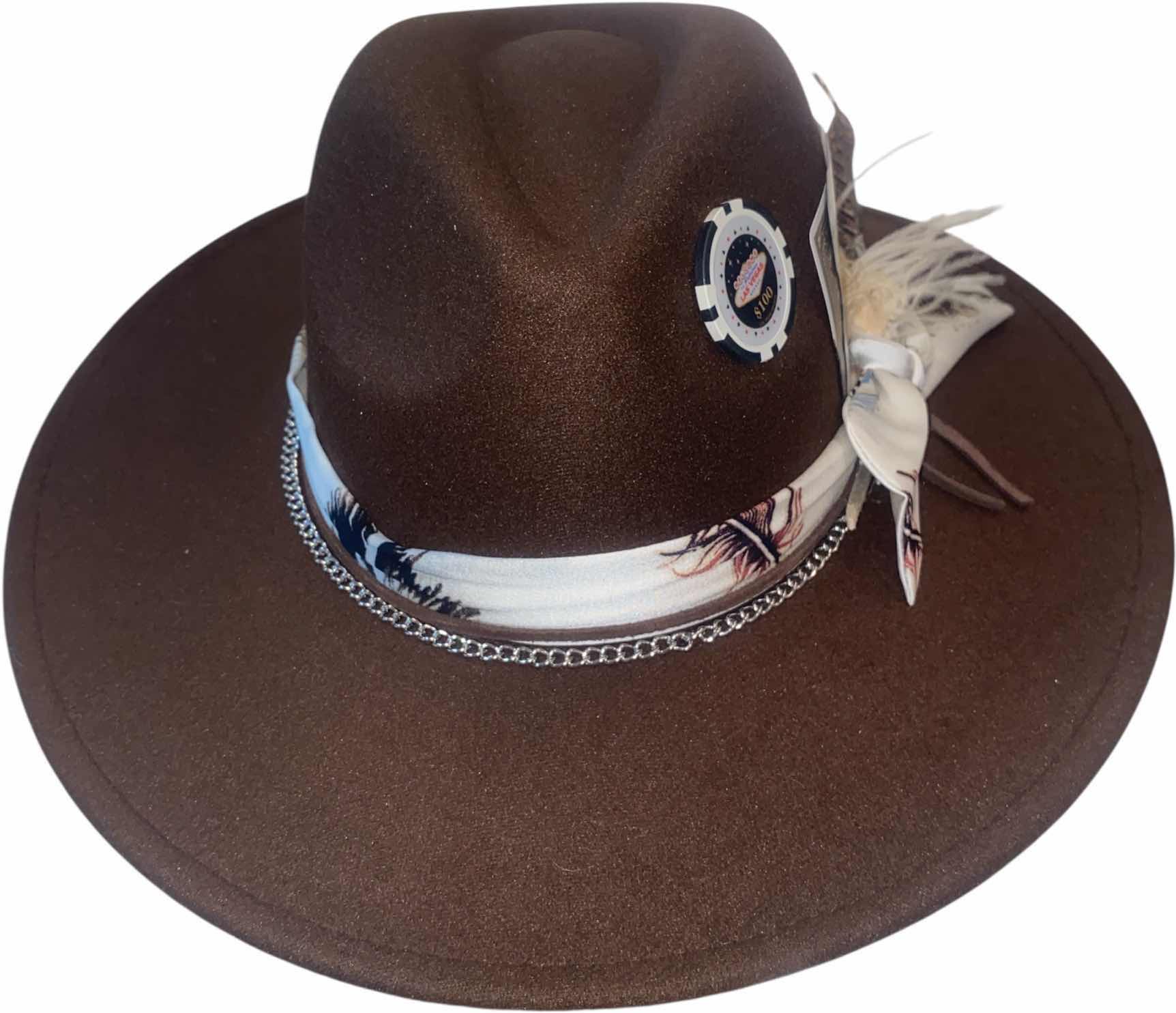 Photo 1 of NEW - CUSTOM DECORATED CHOCOLATE BROWN CASINO THEME FEDORA HAT WITH REMOVABLE FEATHER - ADJUSTABLE WITH INTERIOR RIBBON - TIE TO FIT