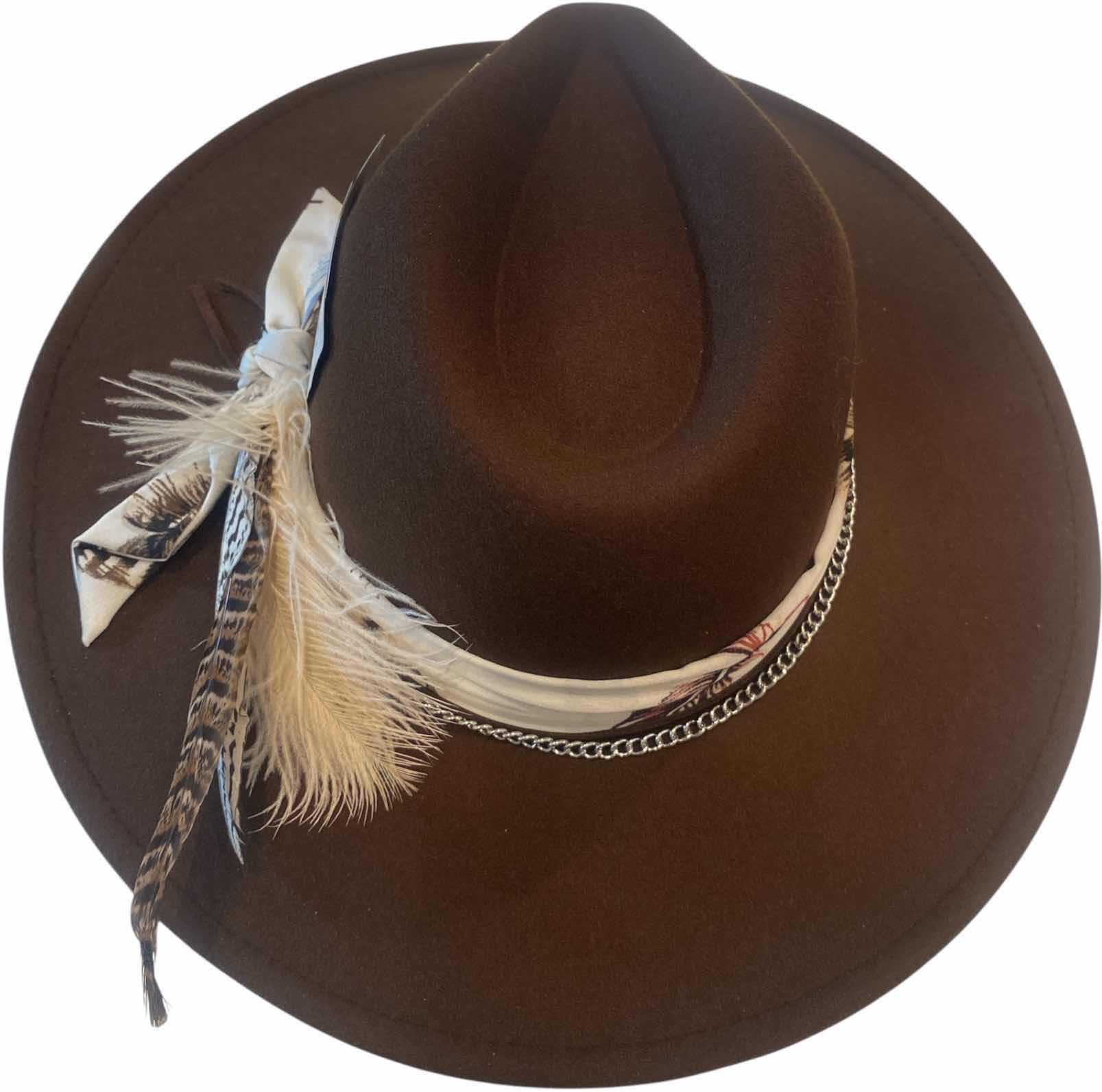 Photo 1 of NEW - CUSTOM DECORATED CHOCOLATE BROWN CASINO THEME FEDORA HAT WITH REMOVABLE FEATHER - ADJUSTABLE WITH INTERIOR RIBBON - TIE TO FIT