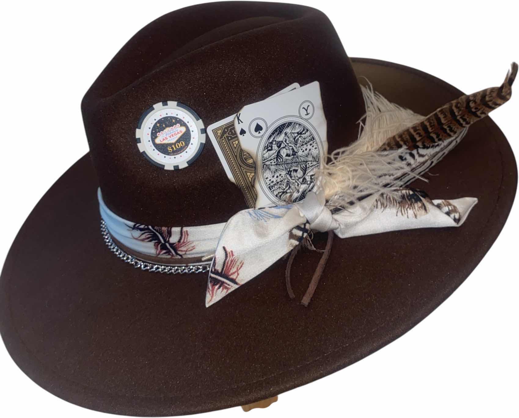 Photo 1 of NEW - CUSTOM DECORATED CHOCOLATE BROWN CASINO THEME FEDORA HAT WITH REMOVABLE FEATHER - ADJUSTABLE WITH INTERIOR RIBBON - TIE TO FIT