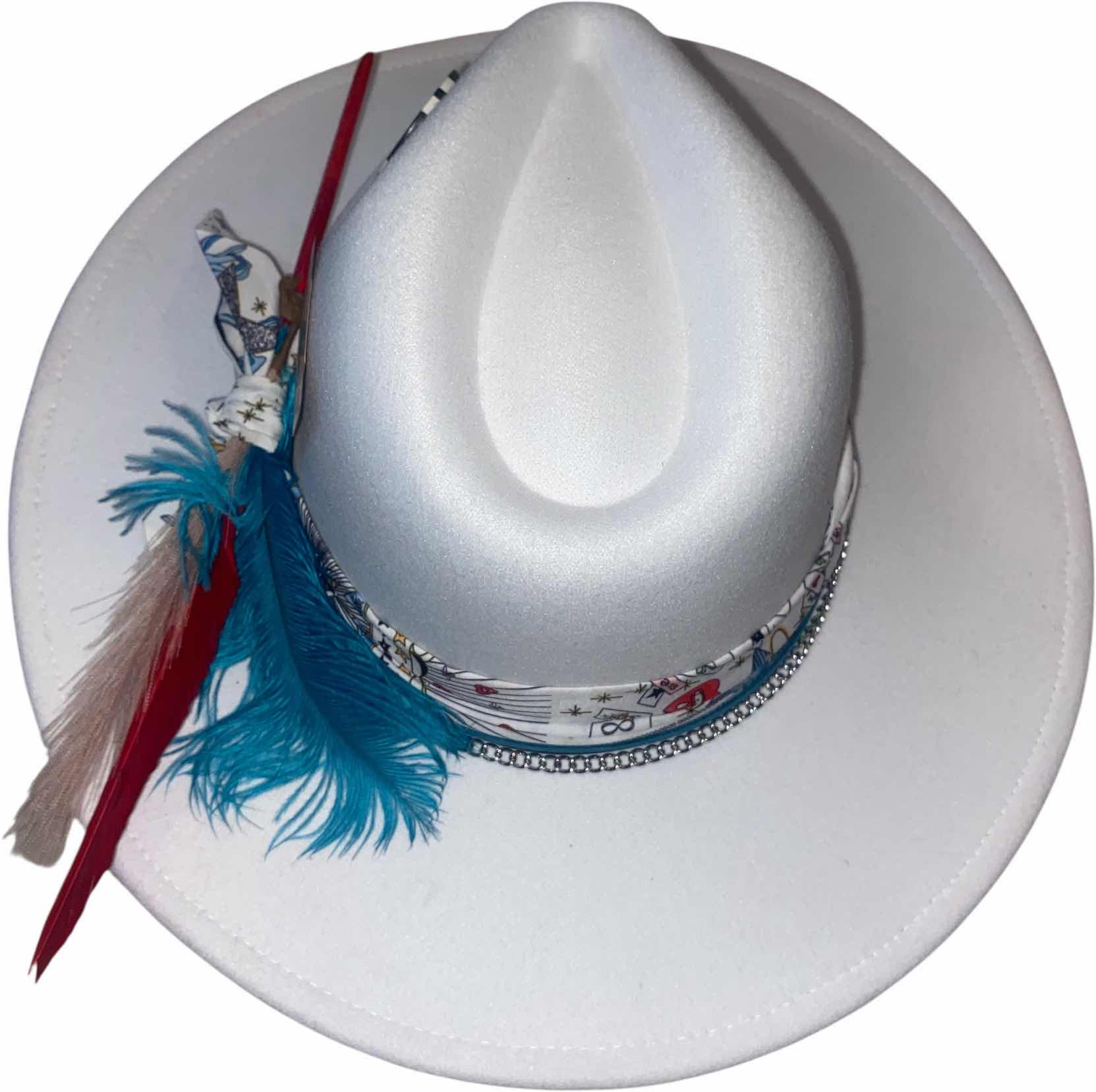 Photo 1 of NEW - CUSTOM DECORATED WHITE CASINO THEME FEDORA HAT WITH REMOVABLE FEATHER - ADJUSTABLE WITH INTERIOR RIBBON - TIE TO FIT