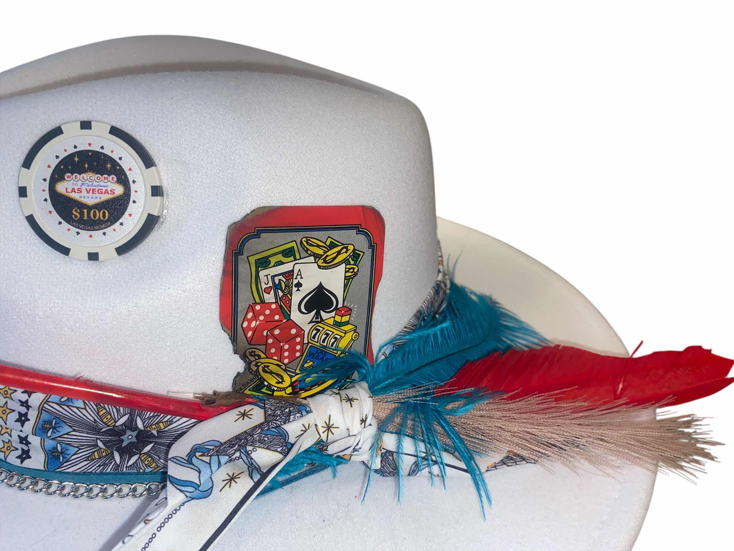 Photo 1 of NEW - CUSTOM DECORATED WHITE CASINO THEME FEDORA HAT WITH REMOVABLE FEATHER - ADJUSTABLE WITH INTERIOR RIBBON - TIE TO FIT