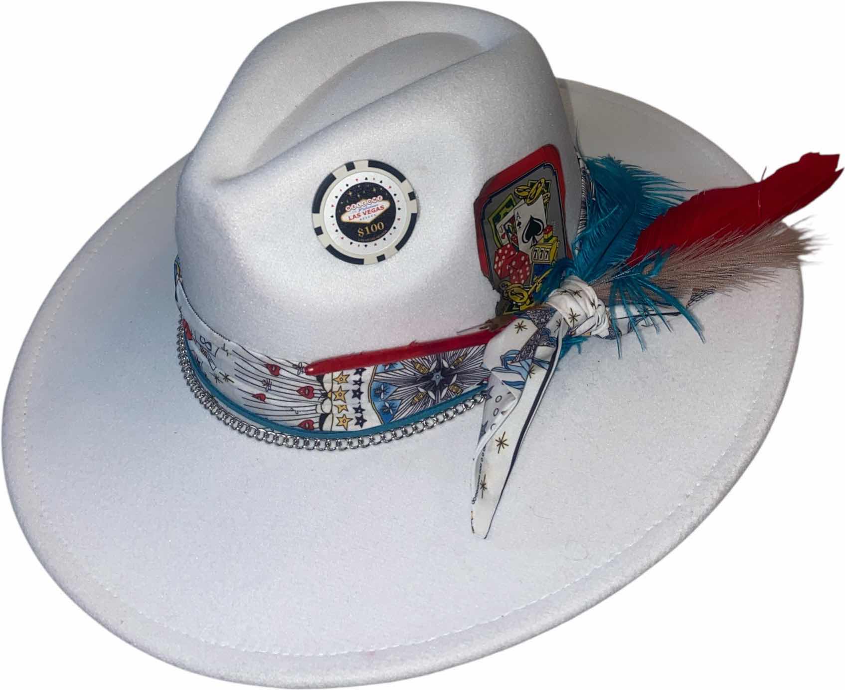Photo 1 of NEW - CUSTOM DECORATED WHITE CASINO THEME FEDORA HAT WITH REMOVABLE FEATHER - ADJUSTABLE WITH INTERIOR RIBBON - TIE TO FIT