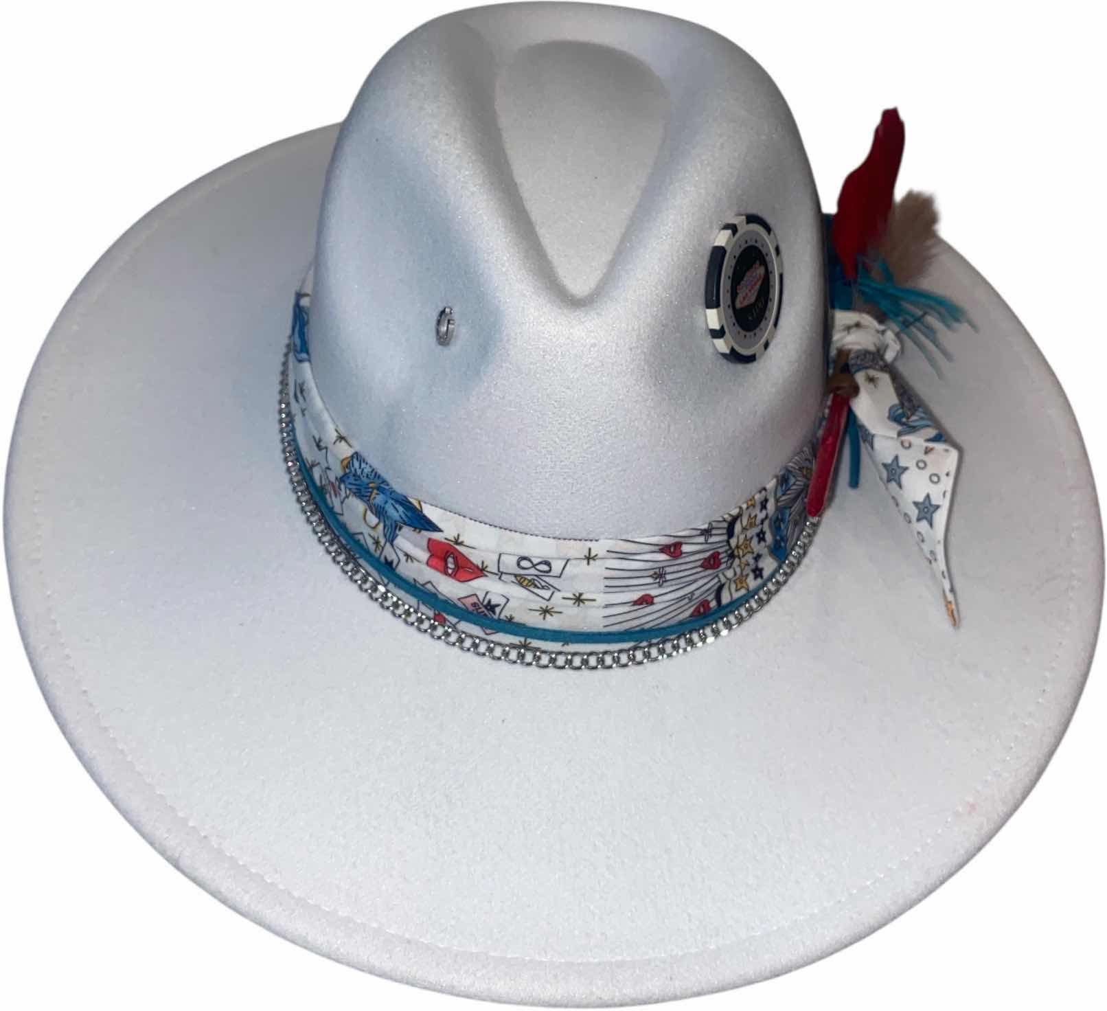 Photo 1 of NEW - CUSTOM DECORATED WHITE CASINO THEME FEDORA HAT WITH REMOVABLE FEATHER - ADJUSTABLE WITH INTERIOR RIBBON - TIE TO FIT