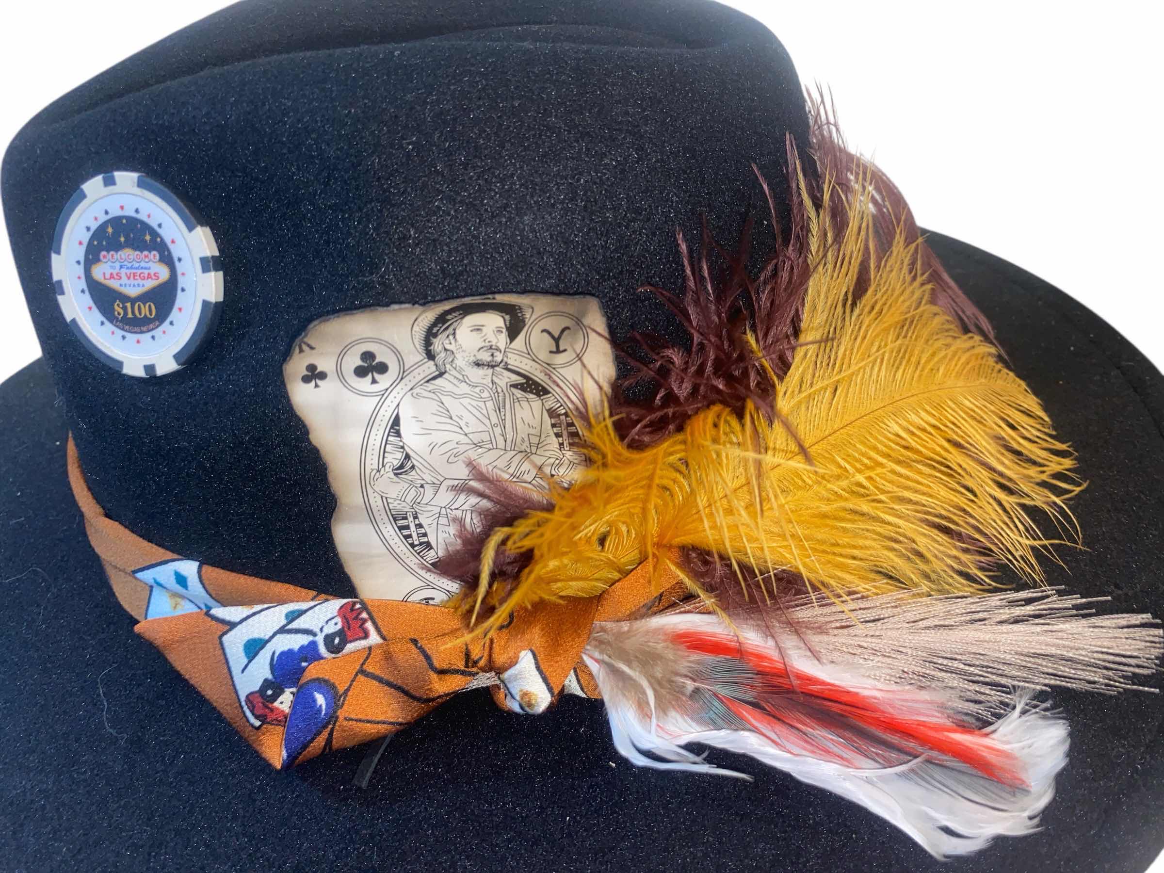 Photo 1 of NEW - CUSTOM DECORATED BLACK CASINO THEME FEDORA HAT WITH  REMOVABLE FEATHER - ADJUSTABLE WITH INTERIOR RIBBON - TIE TO FIT