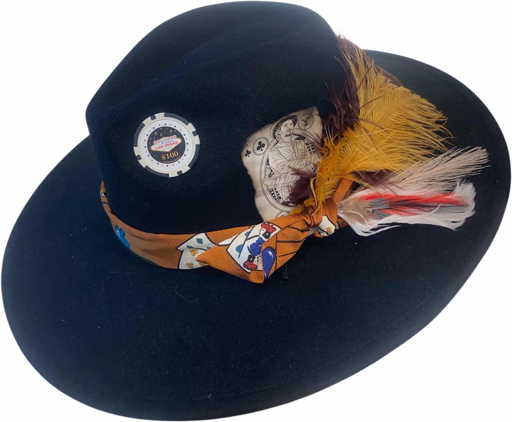 Photo 1 of NEW - CUSTOM DECORATED BLACK CASINO THEME FEDORA HAT WITH  REMOVABLE FEATHER - ADJUSTABLE WITH INTERIOR RIBBON - TIE TO FIT