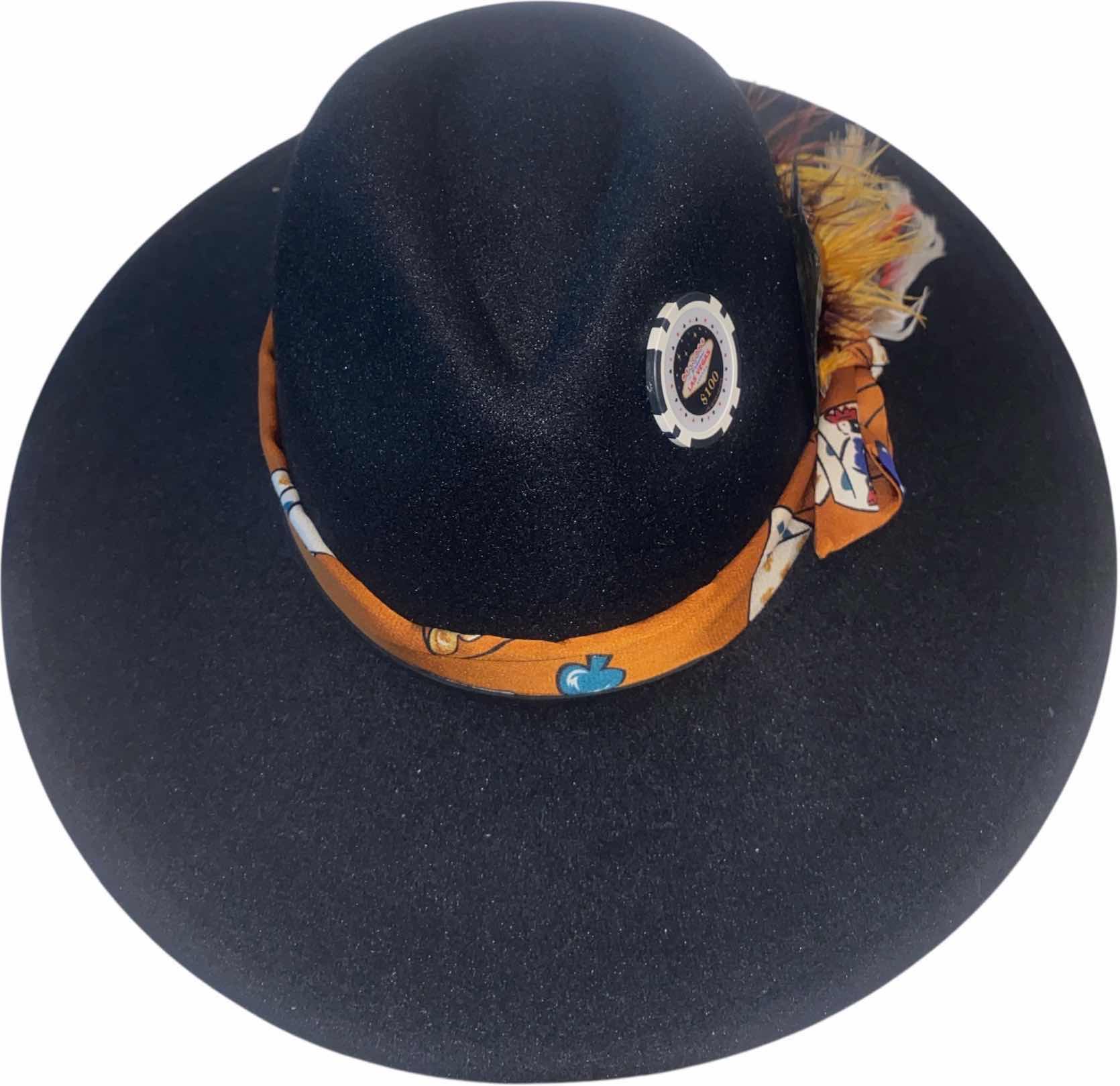 Photo 1 of NEW - CUSTOM DECORATED BLACK CASINO THEME FEDORA HAT WITH  REMOVABLE FEATHER - ADJUSTABLE WITH INTERIOR RIBBON - TIE TO FIT