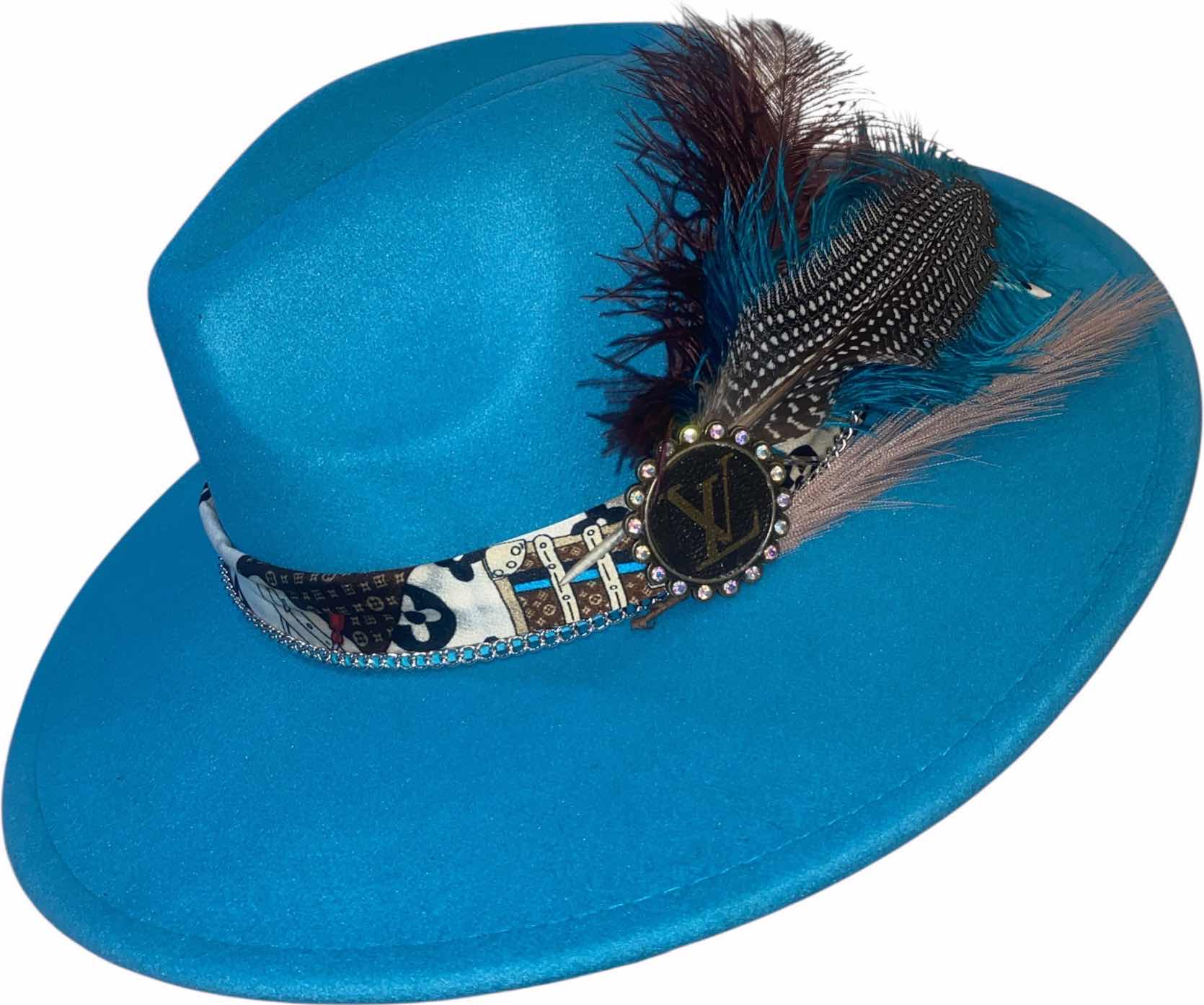 Photo 1 of NEW - CUSTOM DECORATED LAKE BLUE FEDORA HAT WITH UPCYCLED LOUIS VUITTON MONOGRAM EMBELLISHMENTS FEATHERS  - ADJUSTABLE WITH INTERIOR RIBBON - TIE TO FIT