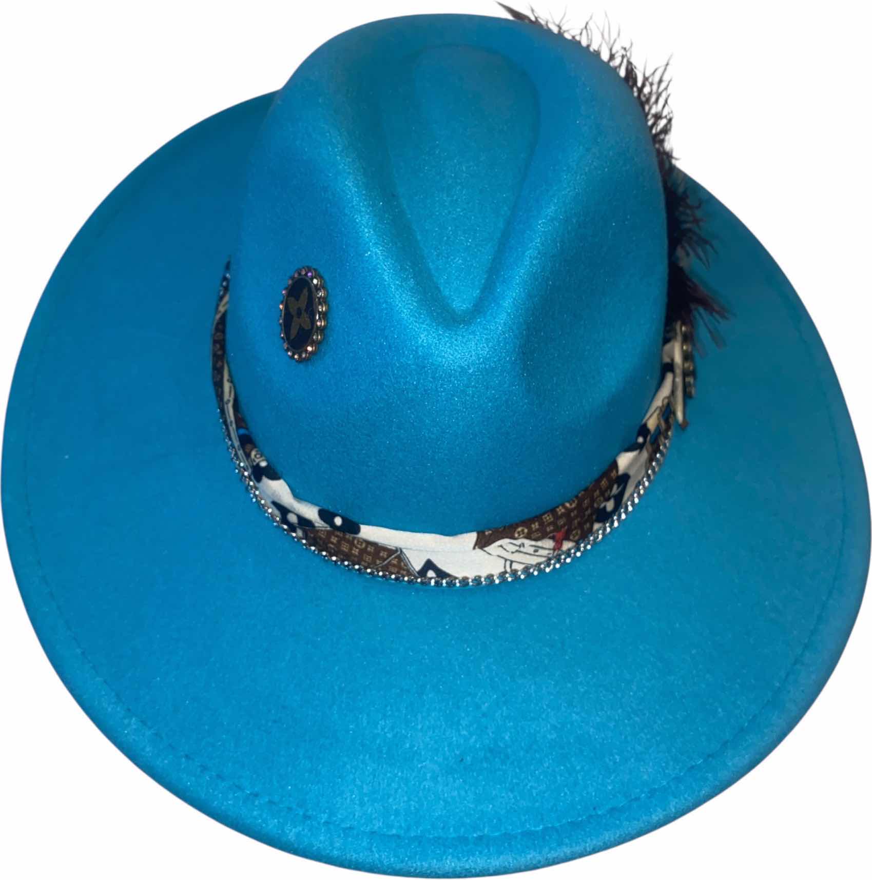 Photo 1 of NEW - CUSTOM DECORATED LAKE BLUE FEDORA HAT WITH UPCYCLED LOUIS VUITTON MONOGRAM EMBELLISHMENTS FEATHERS  - ADJUSTABLE WITH INTERIOR RIBBON - TIE TO FIT