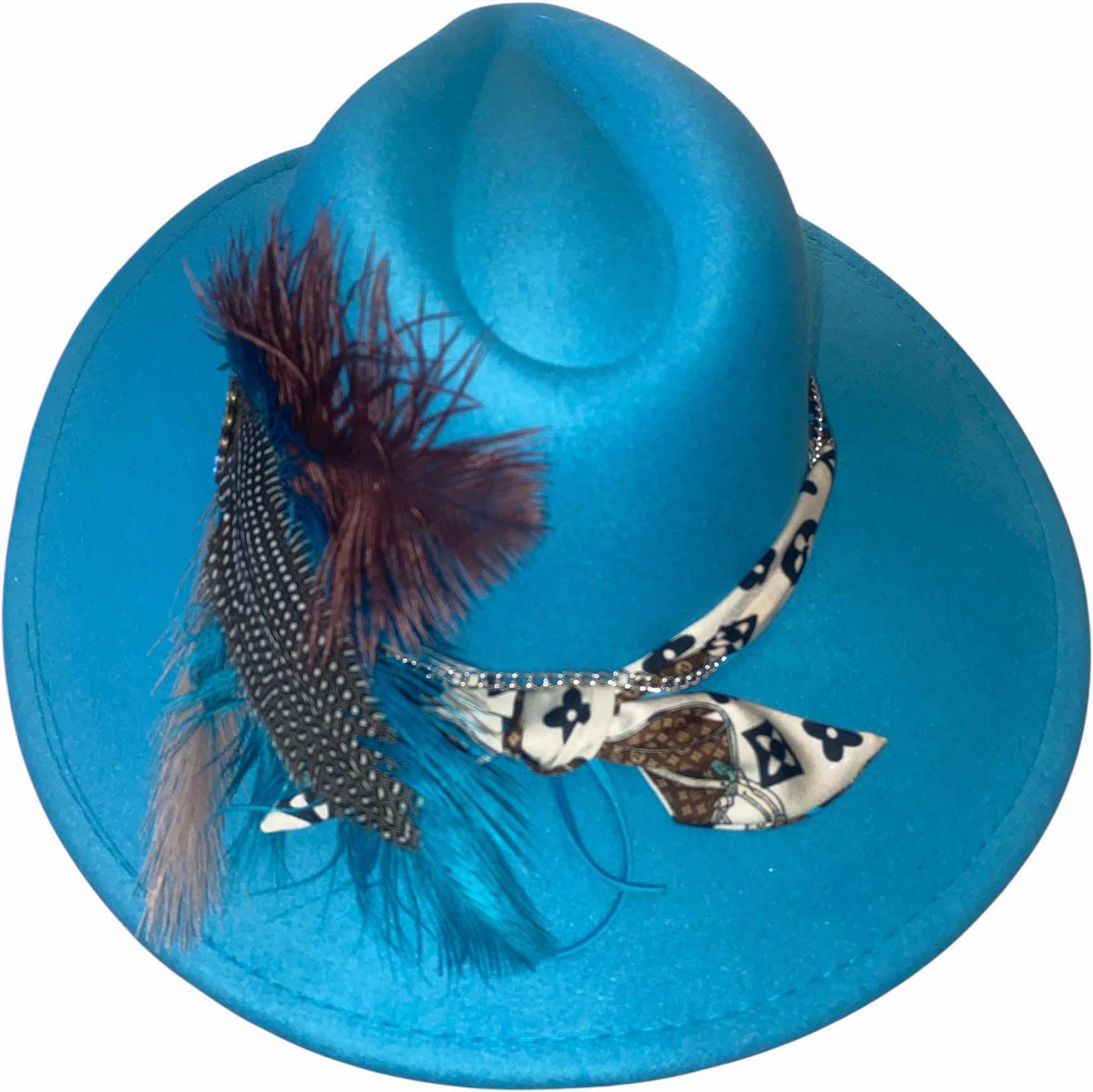 Photo 1 of NEW - CUSTOM DECORATED LAKE BLUE FEDORA HAT WITH UPCYCLED LOUIS VUITTON MONOGRAM EMBELLISHMENTS FEATHERS  - ADJUSTABLE WITH INTERIOR RIBBON - TIE TO FIT