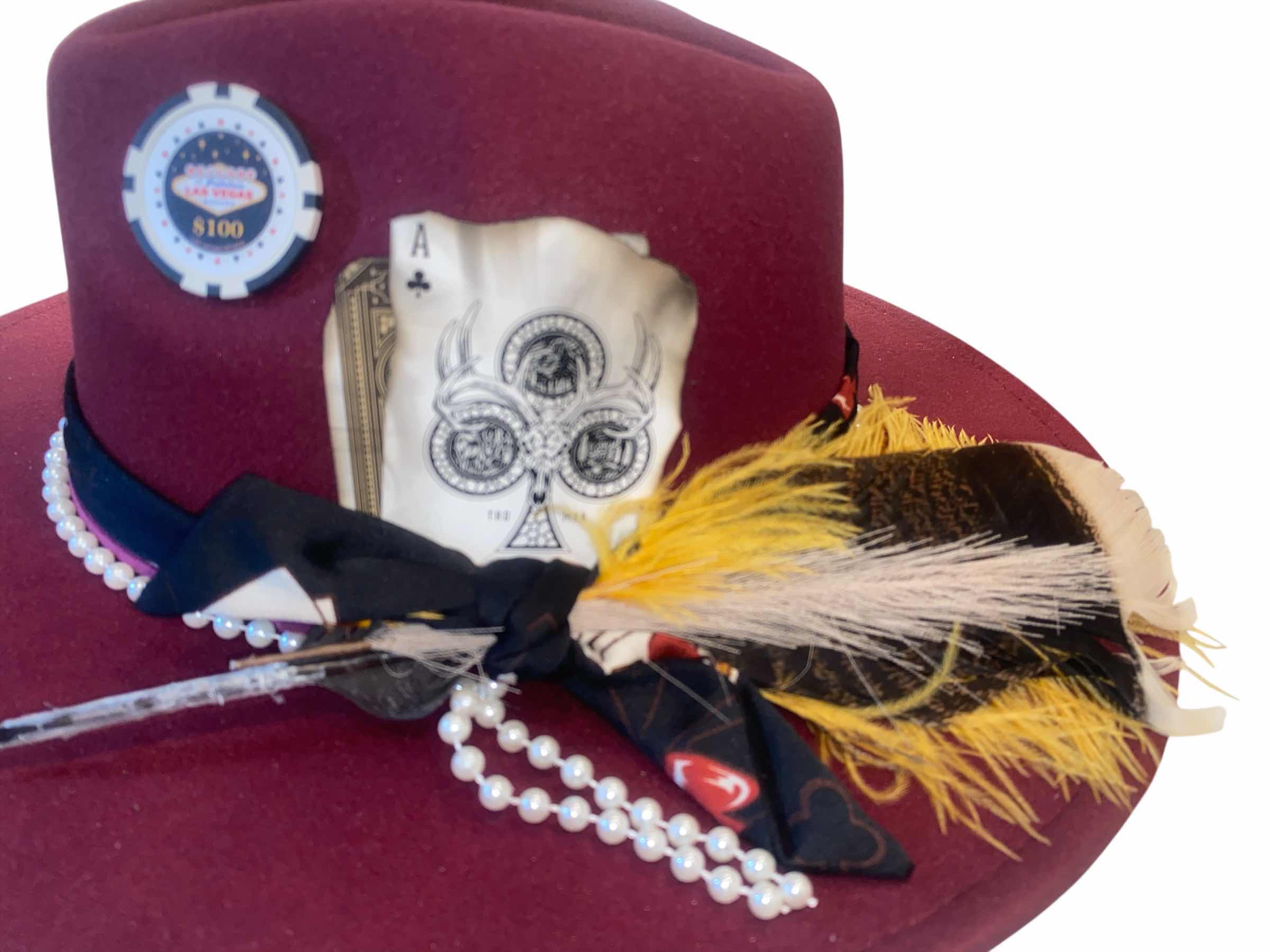 Photo 1 of NEW - CUSTOM DECORATED CABERNET CASINO THEME FEDORA HAT WITH  REMOVABLE FEATHER - ADJUSTABLE WITH INTERIOR RIBBON - TIE TO FIT