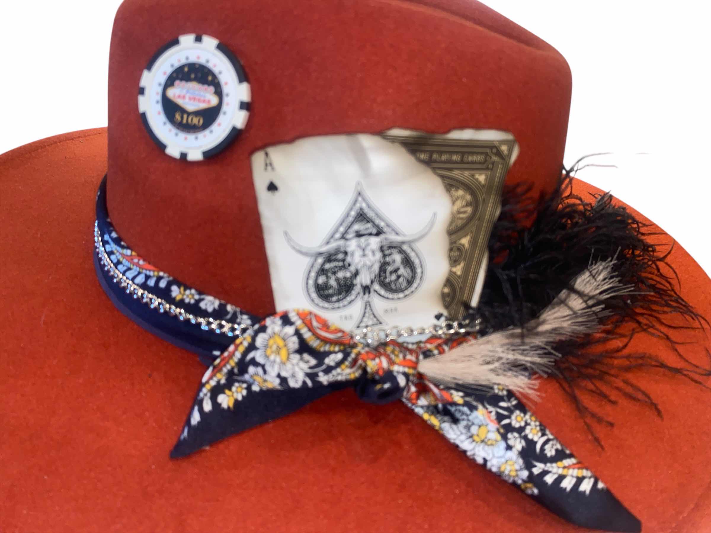 Photo 1 of NEW - CUSTOM DECORATED BURNT SIENNA CASINO THEME FEDORA HAT WITH  REMOVABLE FEATHER - ADJUSTABLE WITH INTERIOR RIBBON - TIE TO FIT