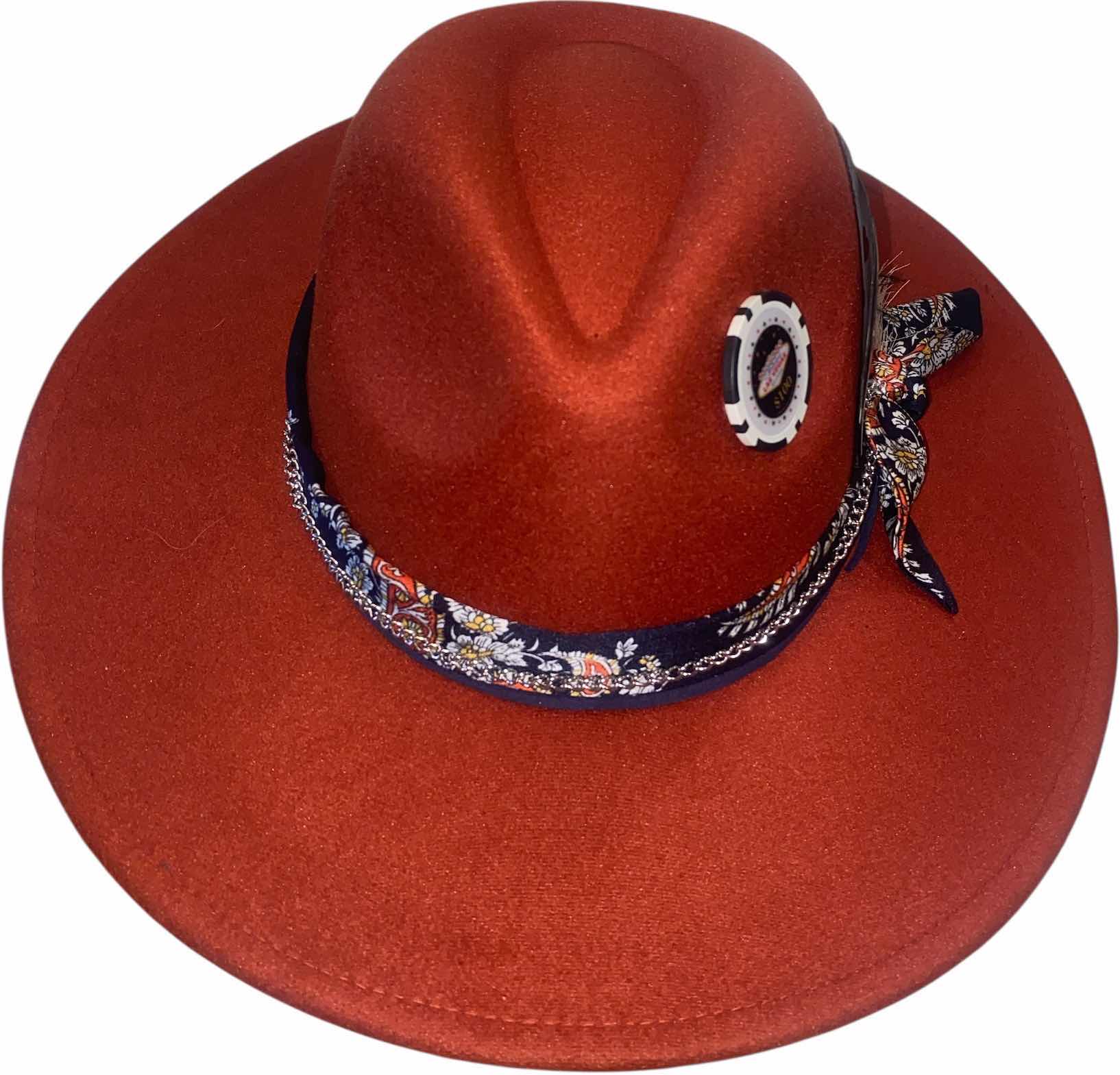 Photo 1 of NEW - CUSTOM DECORATED BURNT SIENNA CASINO THEME FEDORA HAT WITH  REMOVABLE FEATHER - ADJUSTABLE WITH INTERIOR RIBBON - TIE TO FIT
