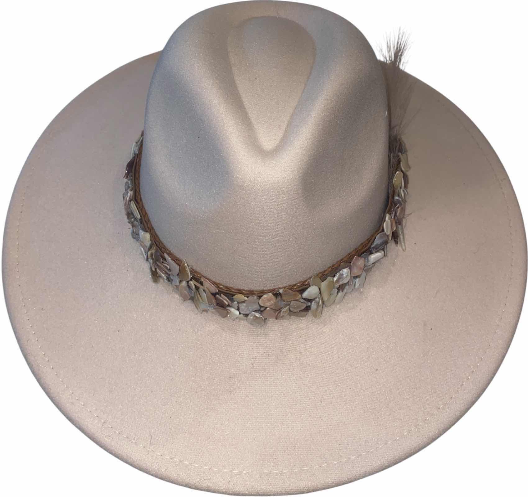 Photo 1 of NEW - CUSTOM DECORATED CREAM FEDORA WITH CRUSHED SEASHELL HAT BAND & BLINGED REMOVEABLE FEATHER - INTERIOR RIBBON TO SIZE HAT