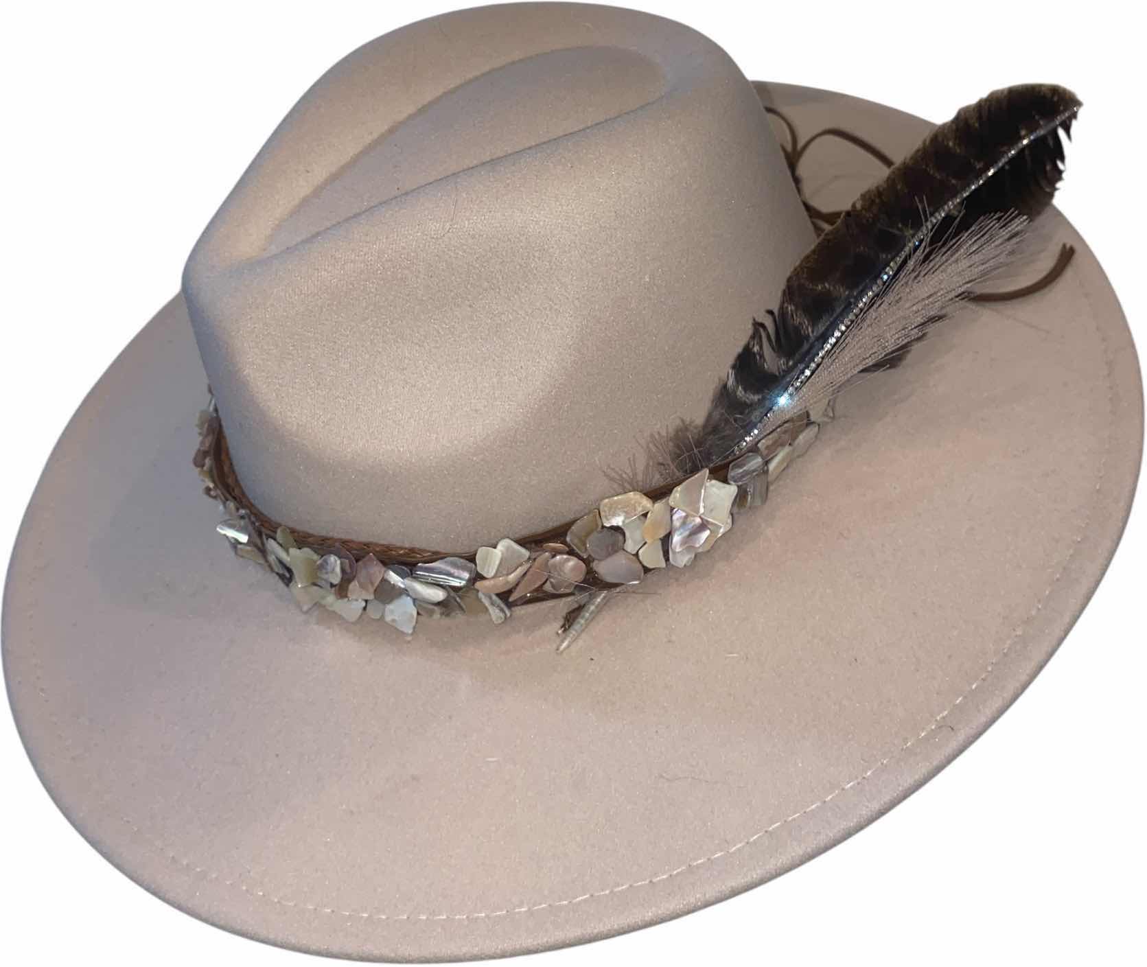 Photo 1 of NEW - CUSTOM DECORATED CREAM FEDORA WITH CRUSHED SEASHELL HAT BAND & BLINGED REMOVEABLE FEATHER - INTERIOR RIBBON TO SIZE HAT