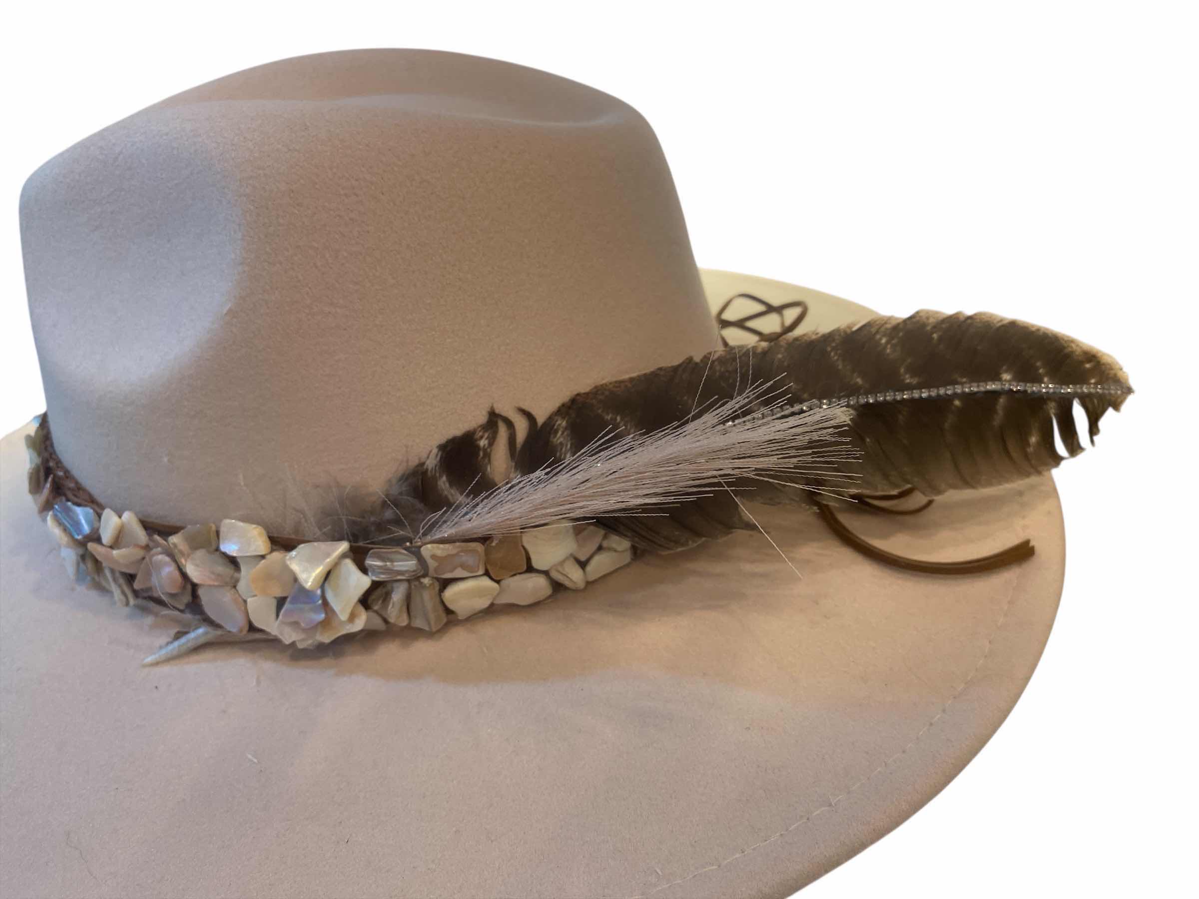 Photo 1 of NEW - CUSTOM DECORATED CREAM FEDORA WITH CRUSHED SEASHELL HAT BAND & BLINGED REMOVEABLE FEATHER - INTERIOR RIBBON TO SIZE HAT
