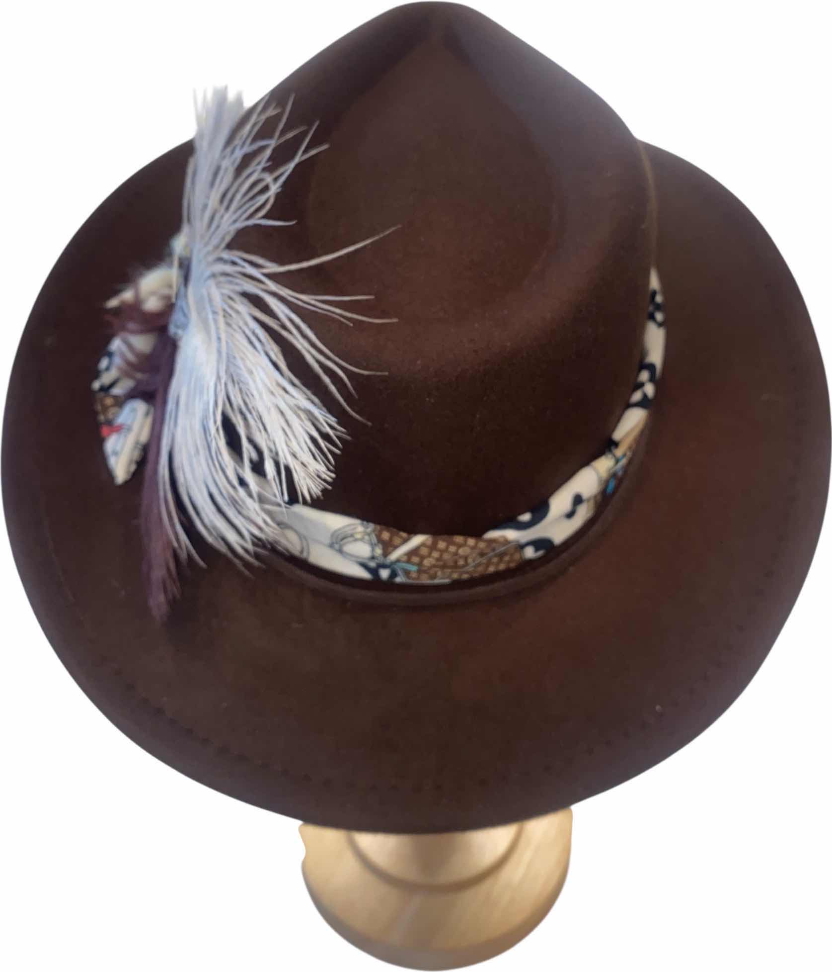 Photo 1 of NEW - CUSTOM DECORATED  WITH UPCYCLED LOUIS VUITTON MONOGRAM EMBELLISHMENT FEATHERS  - LV REPLICA SCARF-BOWN WESTERN HAT ADJUSTABLE WITH INTERIOR RIBBON - TIE TO FIT