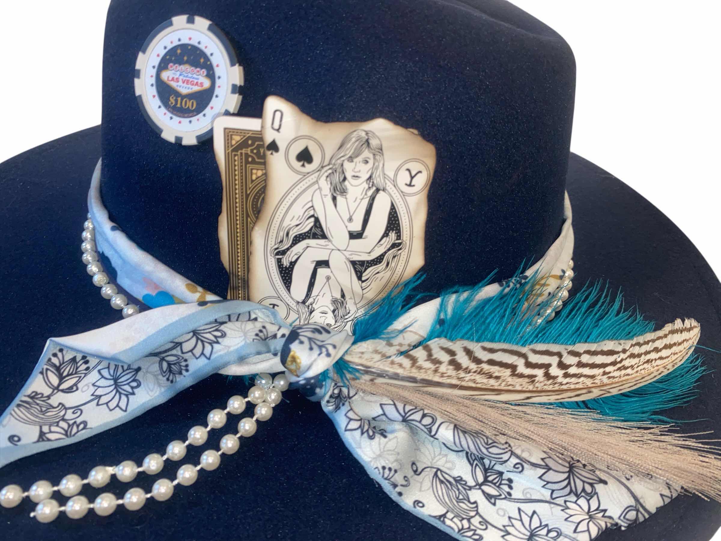 Photo 1 of NEW - CUSTOM DECORATED NAVY BLUE CASINO THEME FEDORA HAT WITH  REMOVABLE FEATHER - ADJUSTABLE WITH INTERIOR RIBBON - TIE TO FIT