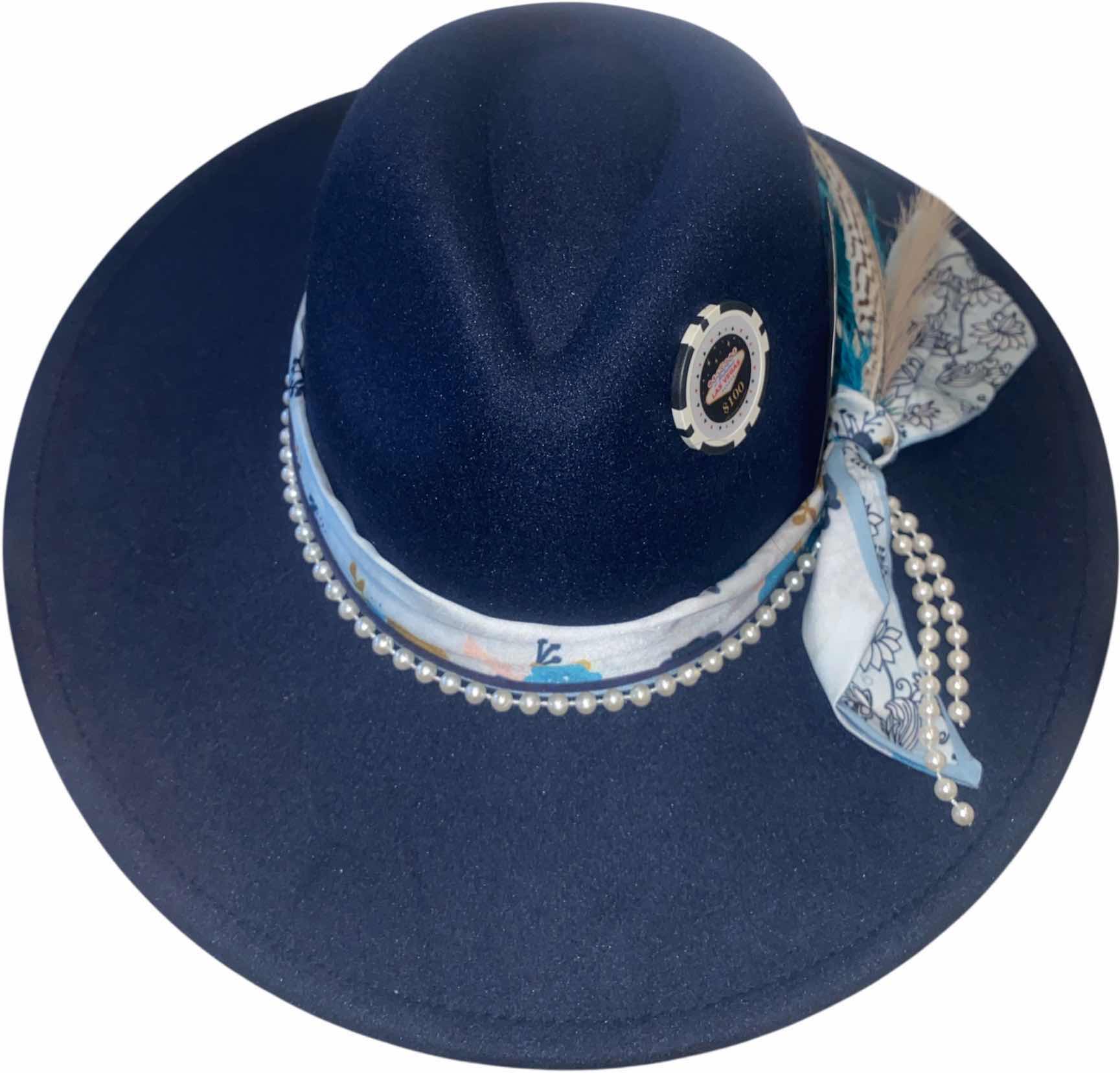 Photo 1 of NEW - CUSTOM DECORATED NAVY BLUE CASINO THEME FEDORA HAT WITH  REMOVABLE FEATHER - ADJUSTABLE WITH INTERIOR RIBBON - TIE TO FIT
