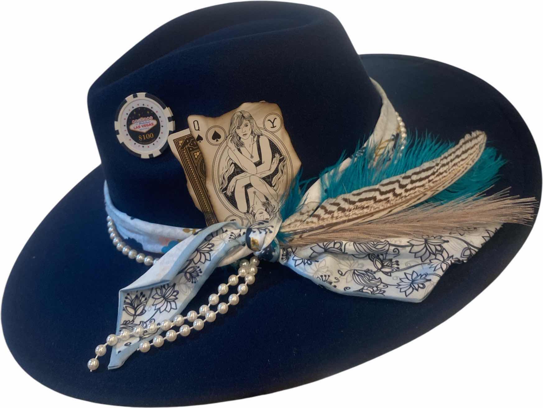 Photo 1 of NEW - CUSTOM DECORATED NAVY BLUE CASINO THEME FEDORA HAT WITH  REMOVABLE FEATHER - ADJUSTABLE WITH INTERIOR RIBBON - TIE TO FIT