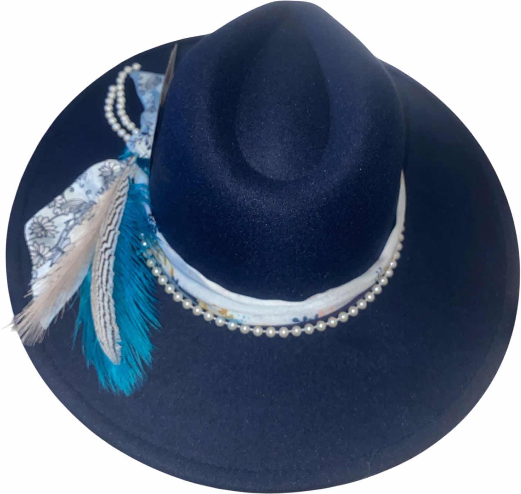 Photo 1 of NEW - CUSTOM DECORATED NAVY BLUE CASINO THEME FEDORA HAT WITH  REMOVABLE FEATHER - ADJUSTABLE WITH INTERIOR RIBBON - TIE TO FIT