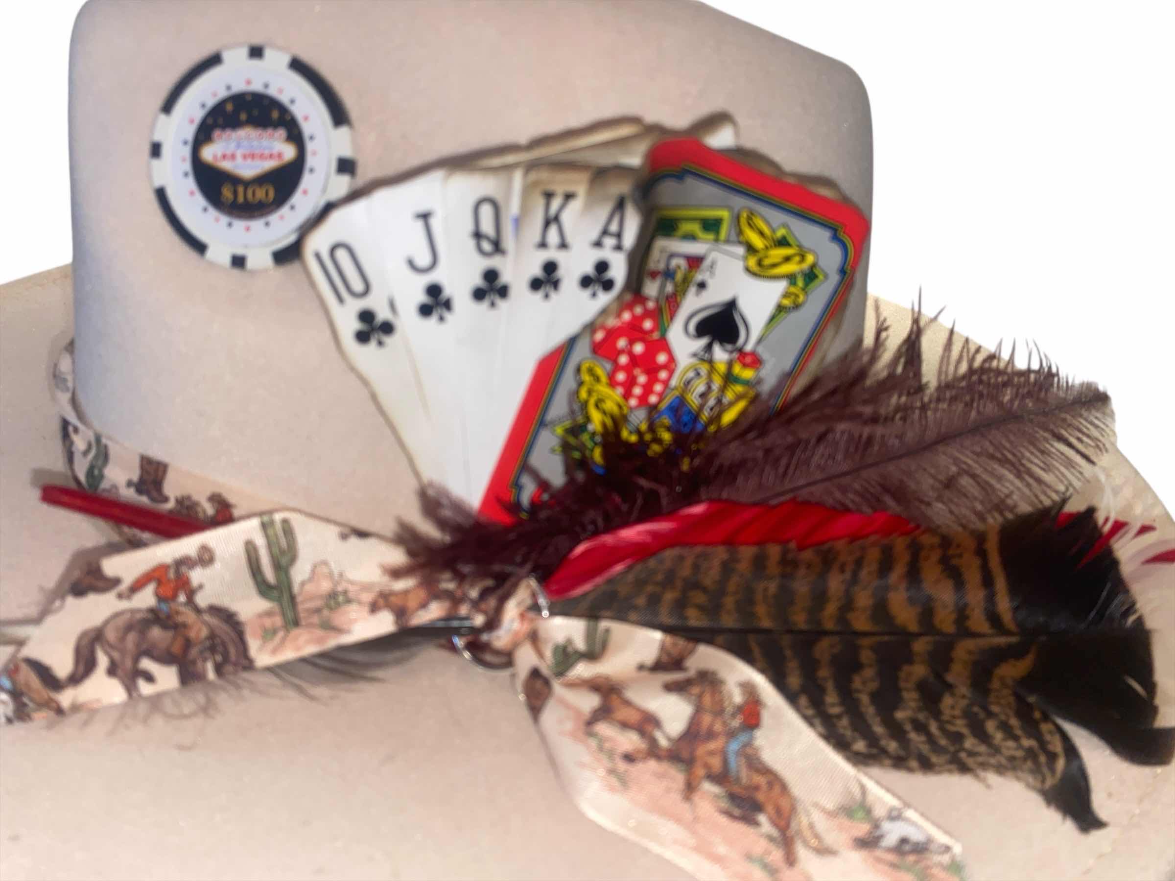 Photo 1 of NEW - CUSTOM DECORATED CREAM CASINO THEME FEDORA HAT WITH  REMOVABLE FEATHER & CARDS - ADJUSTABLE WITH INTERIOR RIBBON - TIE TO FIT
