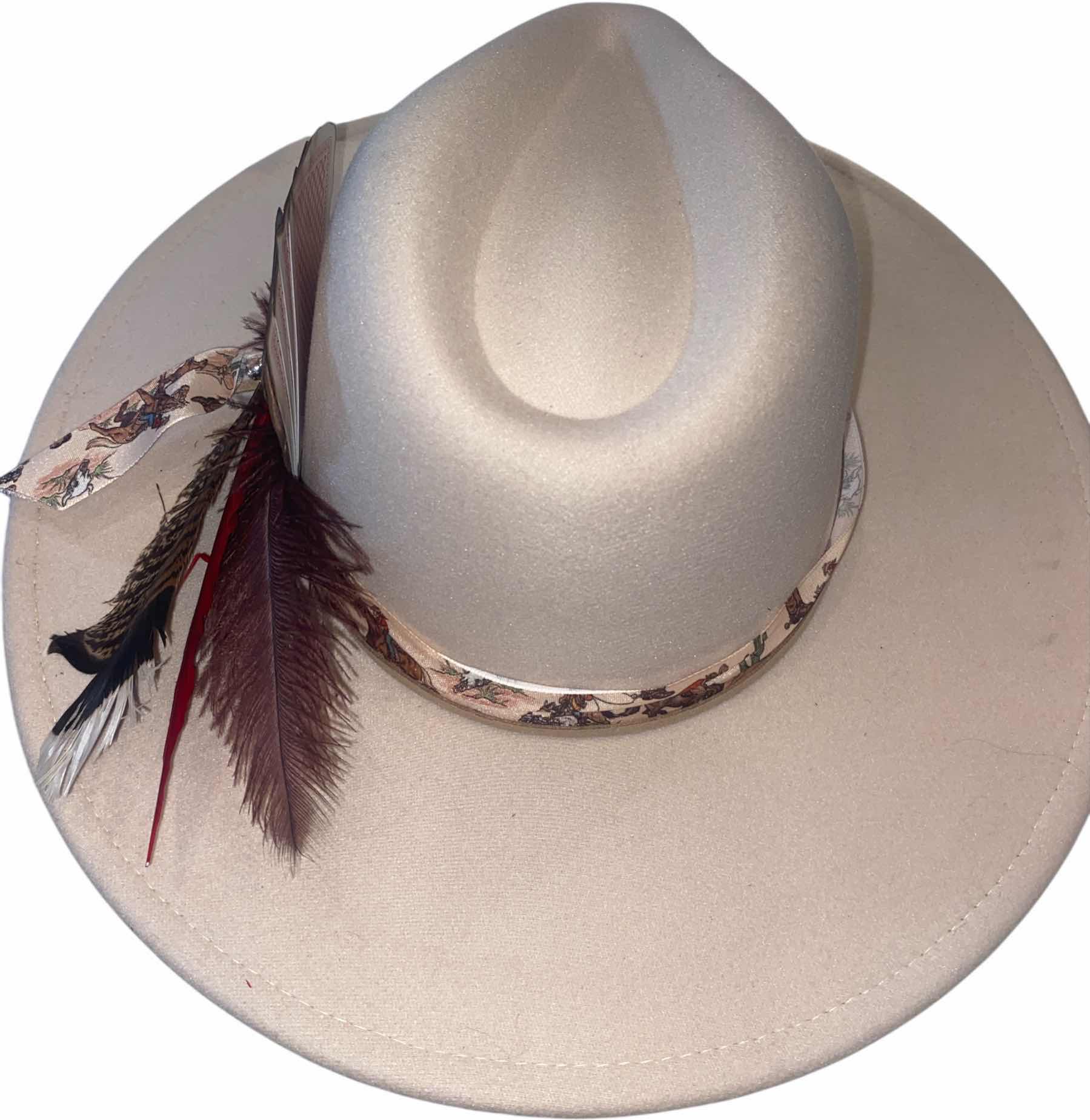 Photo 1 of NEW - CUSTOM DECORATED CREAM CASINO THEME FEDORA HAT WITH  REMOVABLE FEATHER & CARDS - ADJUSTABLE WITH INTERIOR RIBBON - TIE TO FIT
