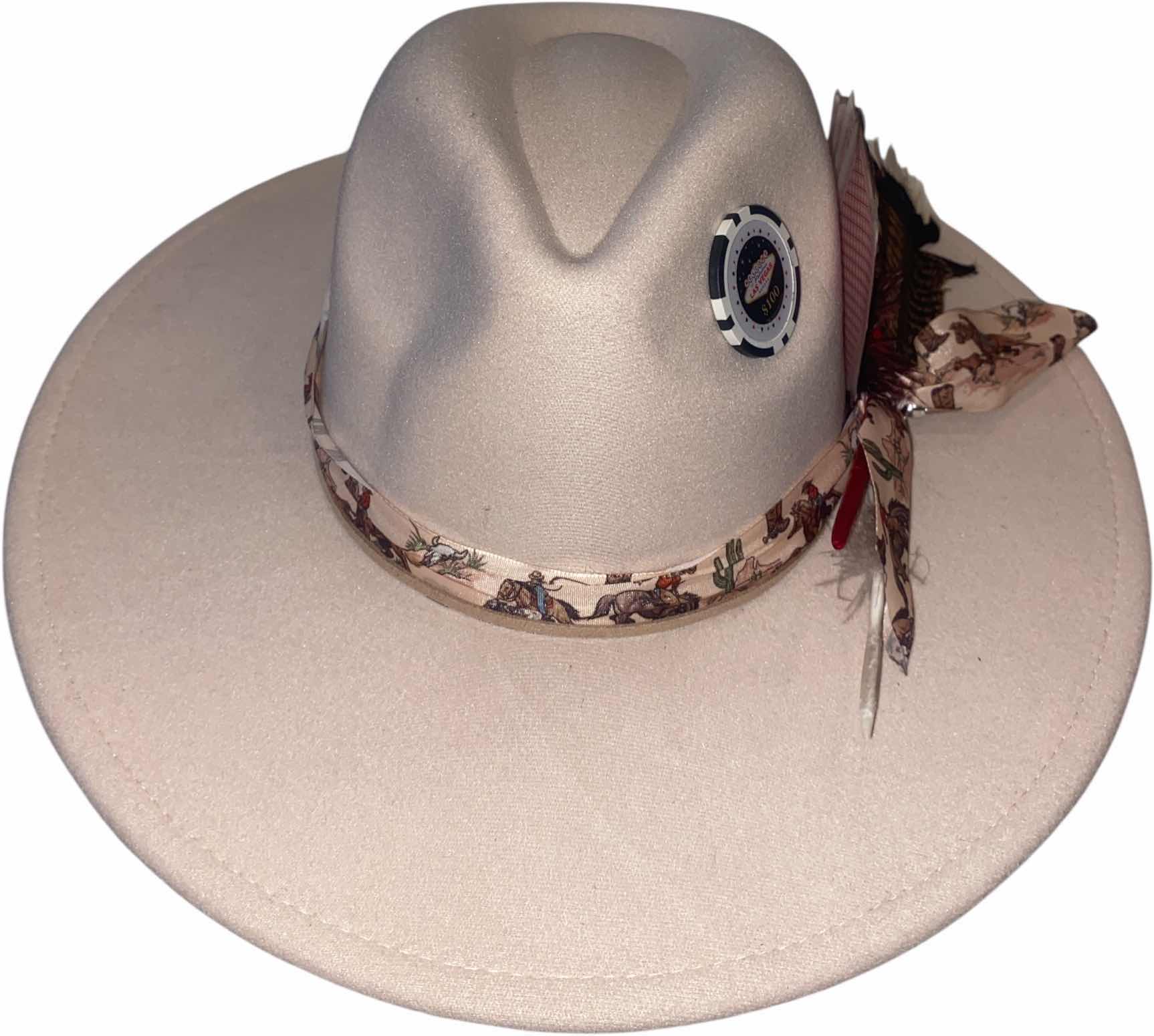 Photo 1 of NEW - CUSTOM DECORATED CREAM CASINO THEME FEDORA HAT WITH  REMOVABLE FEATHER & CARDS - ADJUSTABLE WITH INTERIOR RIBBON - TIE TO FIT