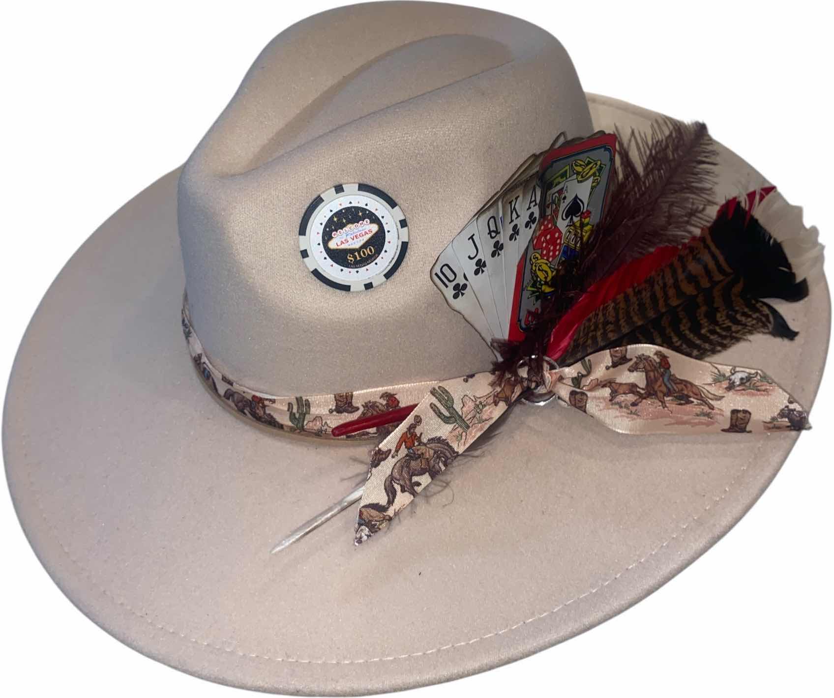 Photo 1 of NEW - CUSTOM DECORATED CREAM CASINO THEME FEDORA HAT WITH  REMOVABLE FEATHER & CARDS - ADJUSTABLE WITH INTERIOR RIBBON - TIE TO FIT