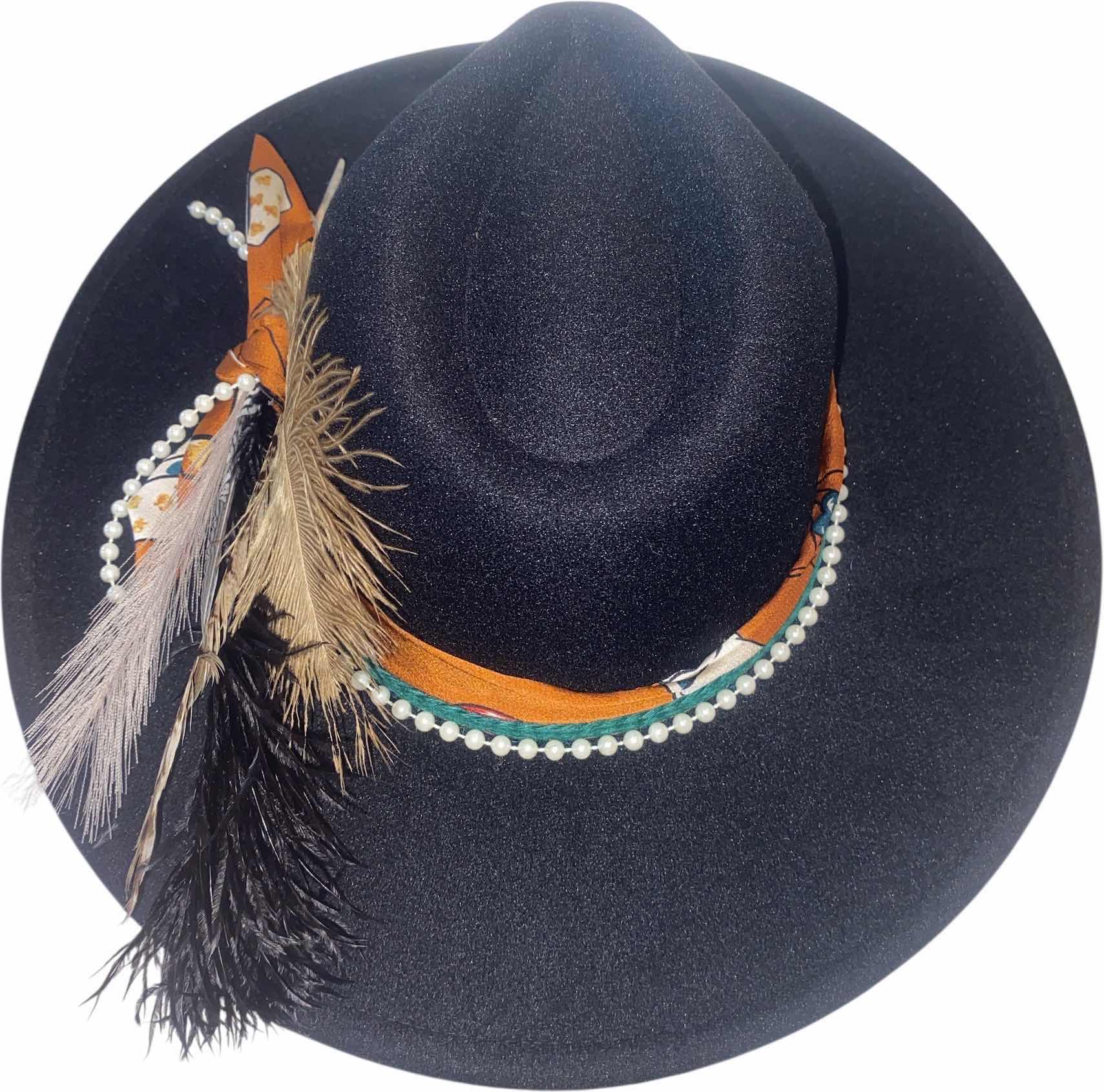 Photo 1 of NEW - CUSTOM DECORATED BLACK CASINO THEME FEDORA HAT WITH  REMOVABLE FEATHER & CARDS - ADJUSTABLE WITH INTERIOR RIBBON - TIE TO FIT