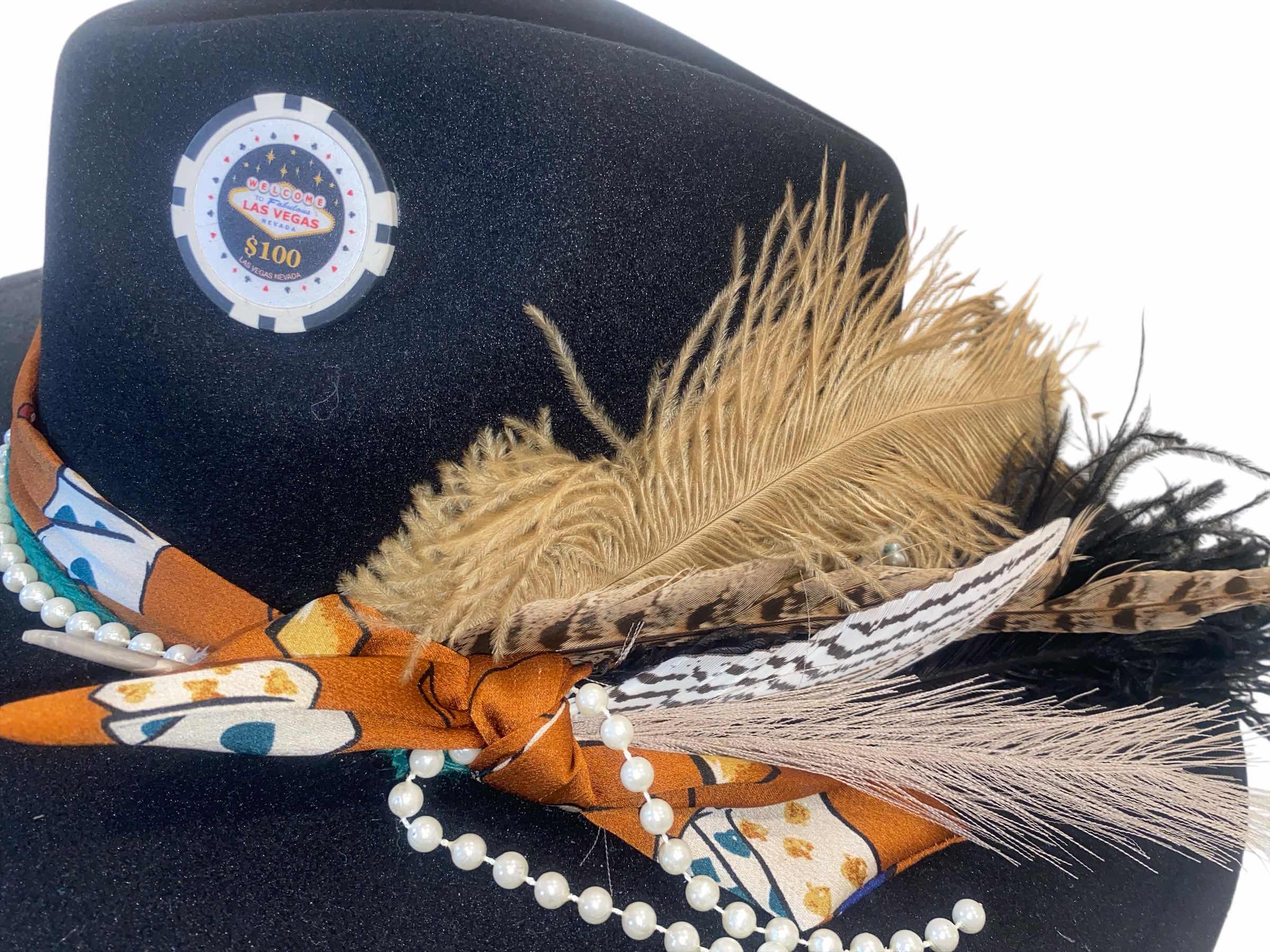 Photo 1 of NEW - CUSTOM DECORATED BLACK CASINO THEME FEDORA HAT WITH  REMOVABLE FEATHER & CARDS - ADJUSTABLE WITH INTERIOR RIBBON - TIE TO FIT