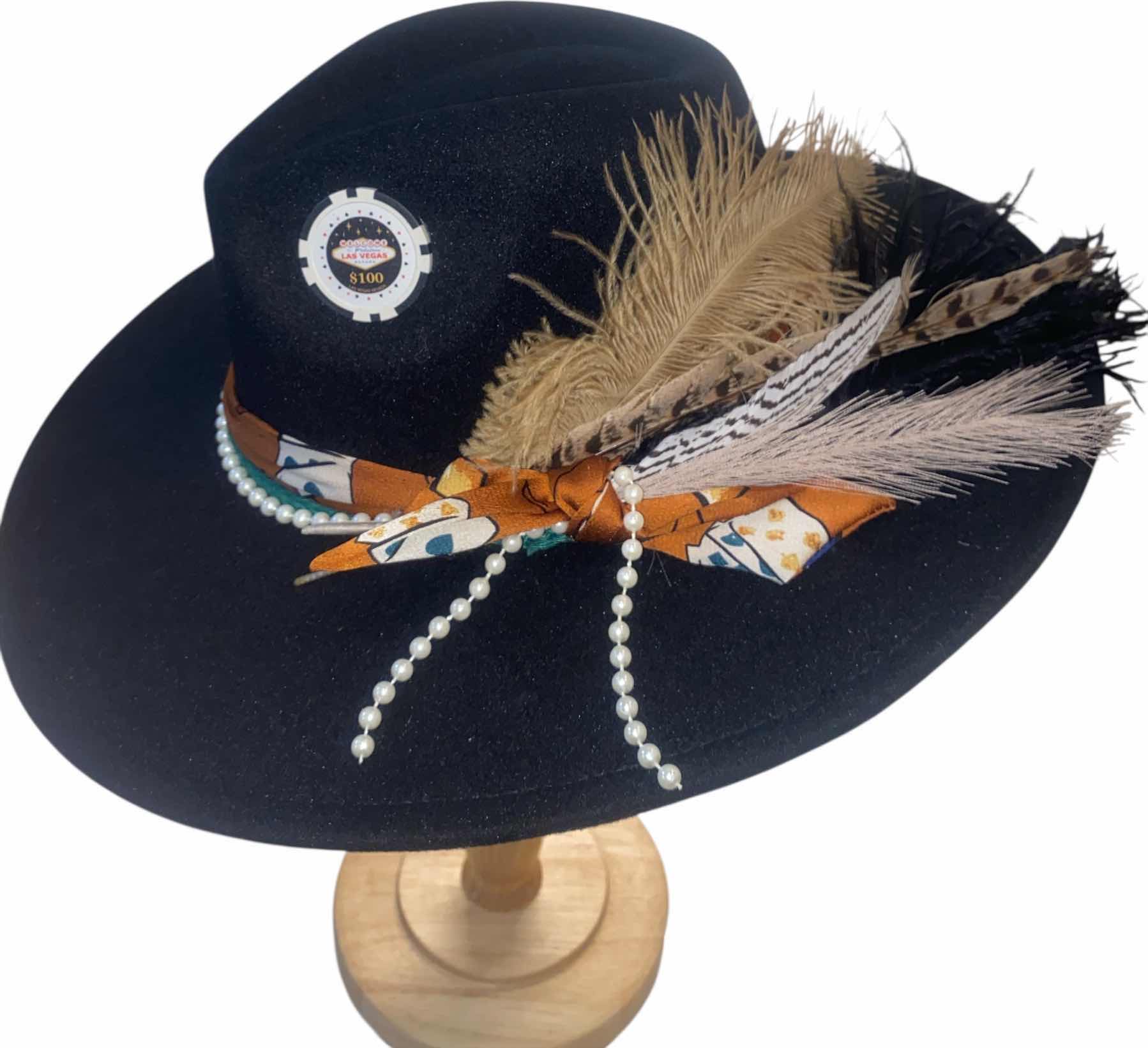 Photo 1 of NEW - CUSTOM DECORATED BLACK CASINO THEME FEDORA HAT WITH  REMOVABLE FEATHER & CARDS - ADJUSTABLE WITH INTERIOR RIBBON - TIE TO FIT