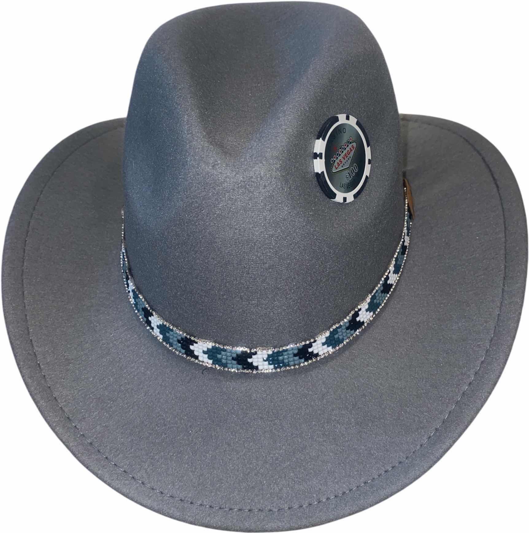 Photo 1 of NEW - CUSTOM DECORTED GRAY CASINO WESTERN HAT WITH HAT BAND - ADULT SIZE  INTERIOR RIBBON TO ADJUST