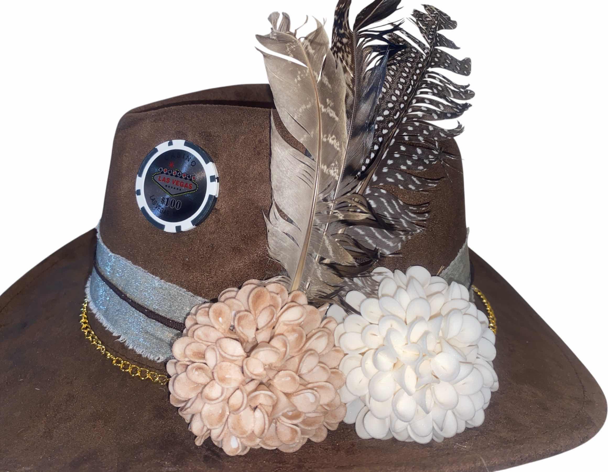 Photo 1 of NEW - CUSTOM DECORATED BROWN CASINO WESTERN HAT WITH HAT FLORAL EMBELLISHMENT - ADULT SIZE  INTERIOR RIBBON TO ADJUST