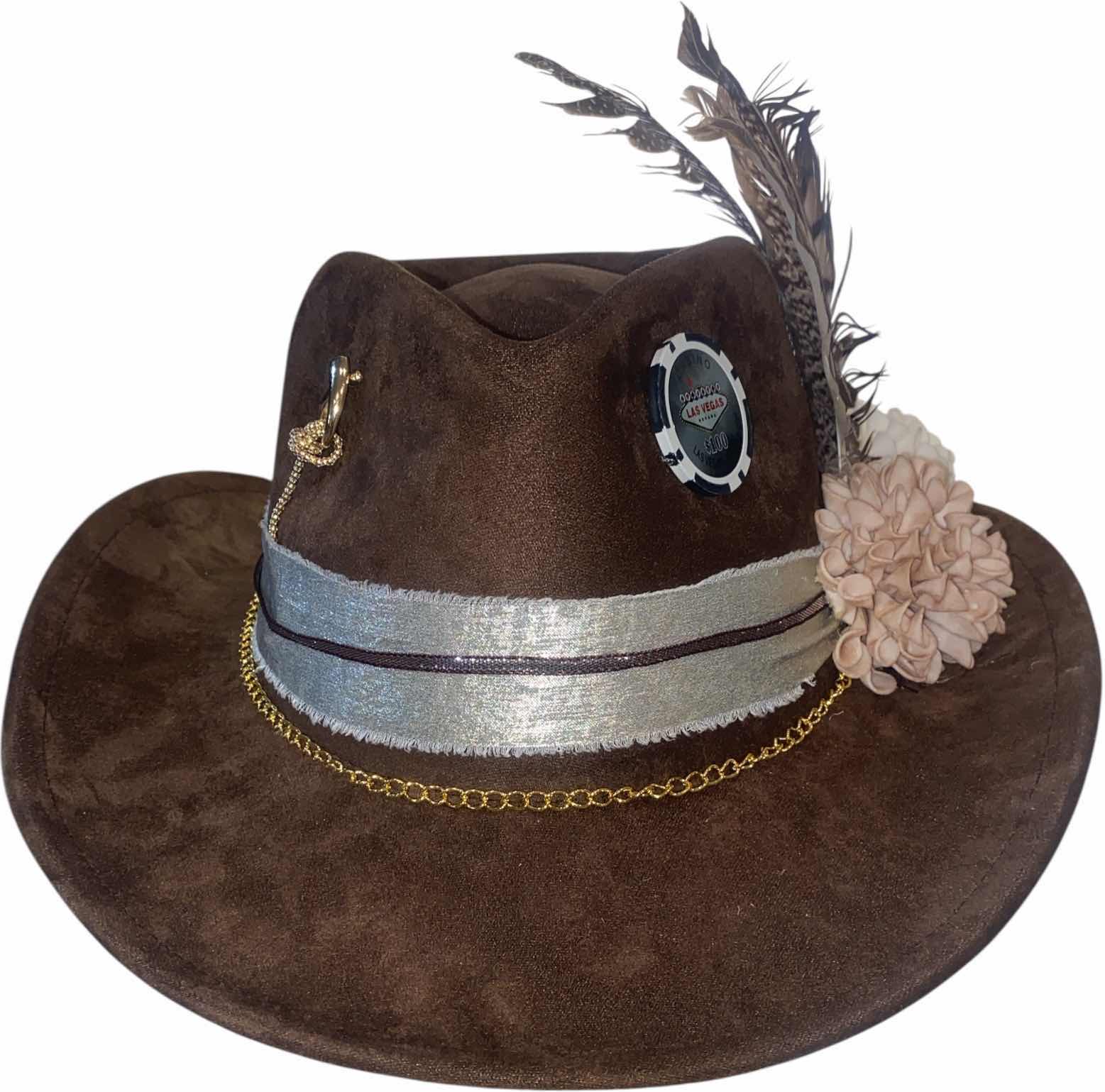 Photo 1 of NEW - CUSTOM DECORATED BROWN CASINO WESTERN HAT WITH HAT FLORAL EMBELLISHMENT - ADULT SIZE  INTERIOR RIBBON TO ADJUST