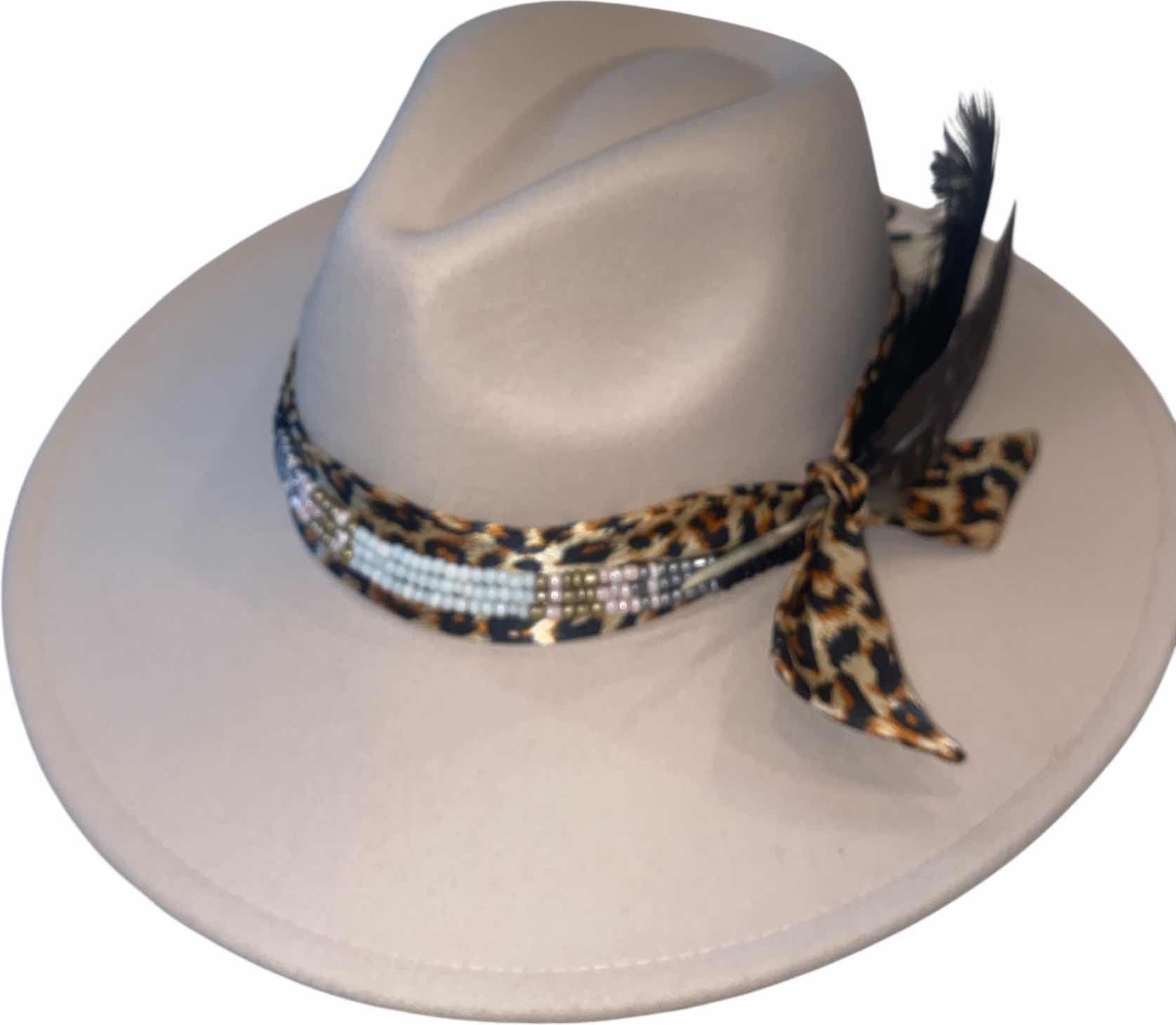 Photo 1 of NEW - CUSTOM DECORATED CREAM FEDORA HAT WITH  REMOVABLE FEATHER - ADJUSTABLE WITH INTERIOR RIBBON - TIE TO FIT