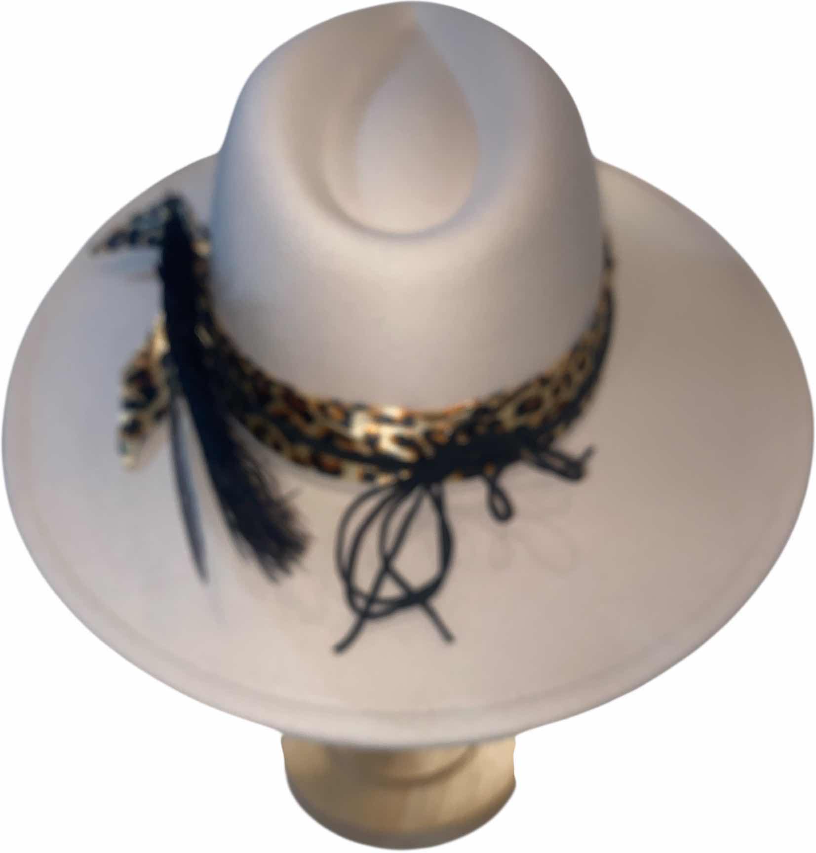 Photo 1 of NEW - CUSTOM DECORATED CREAM FEDORA HAT WITH  REMOVABLE FEATHER - ADJUSTABLE WITH INTERIOR RIBBON - TIE TO FIT