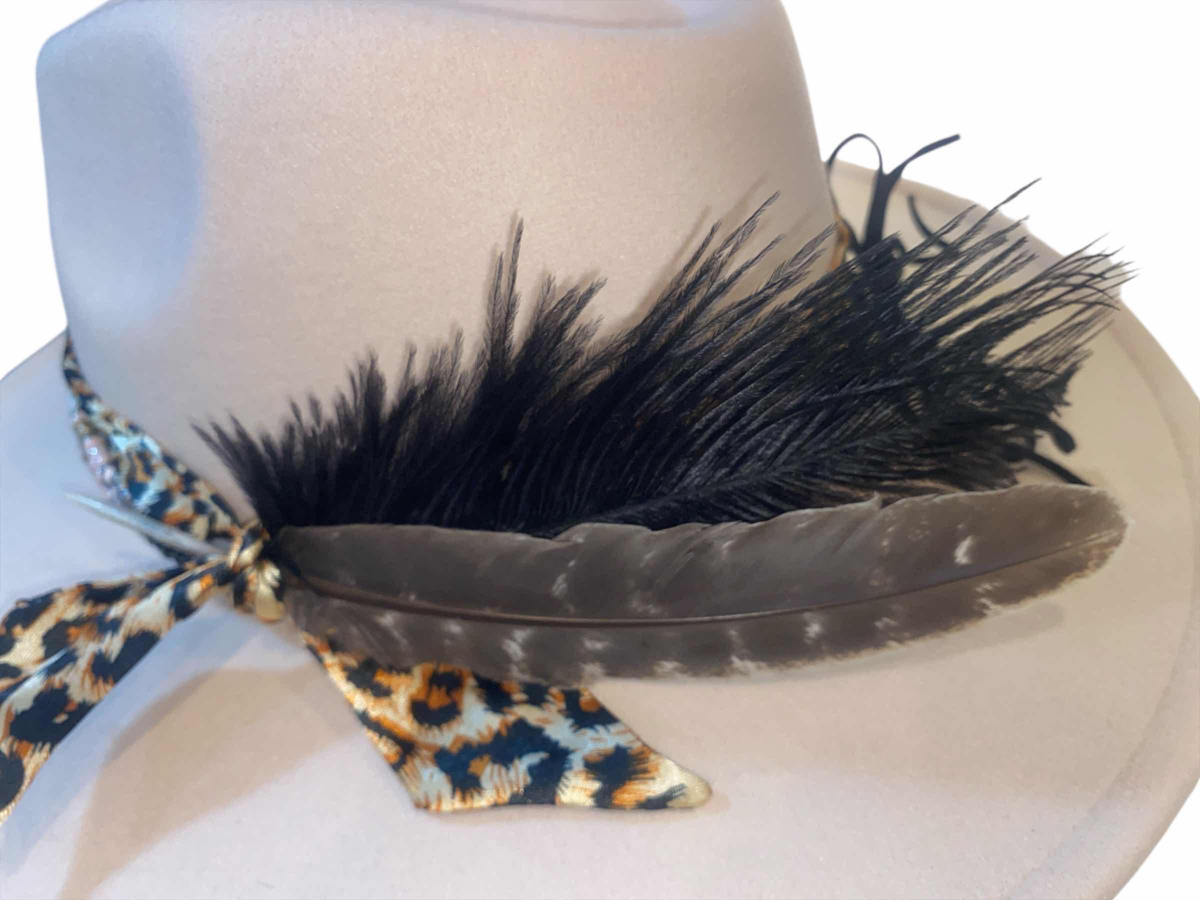 Photo 1 of NEW - CUSTOM DECORATED CREAM FEDORA HAT WITH  REMOVABLE FEATHER - ADJUSTABLE WITH INTERIOR RIBBON - TIE TO FIT