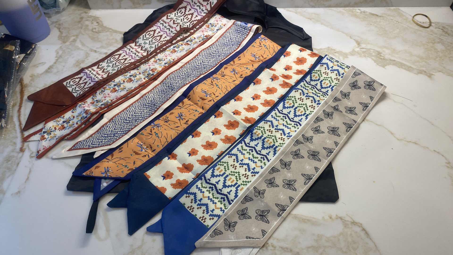 Photo 1 of NEW - 7 HAIR/ HEAD/ HATBAND SCARFS WITH BLACK REUSEABLE NYLON BAG