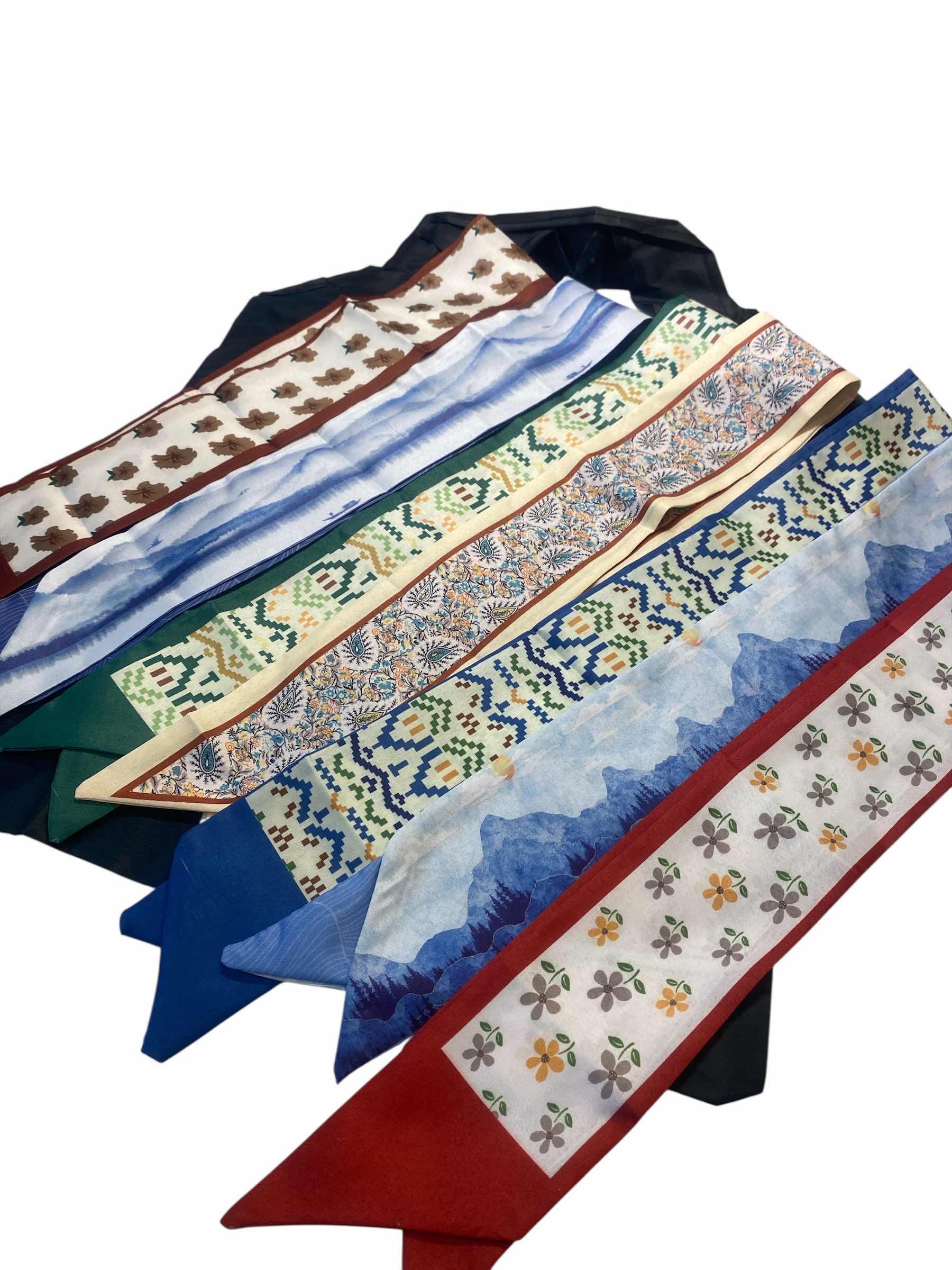 Photo 1 of NEW - 7 HAIR/ HEAD/ HATBAND SCARFS WITH BLACK REUSEABLE NYLON BAG