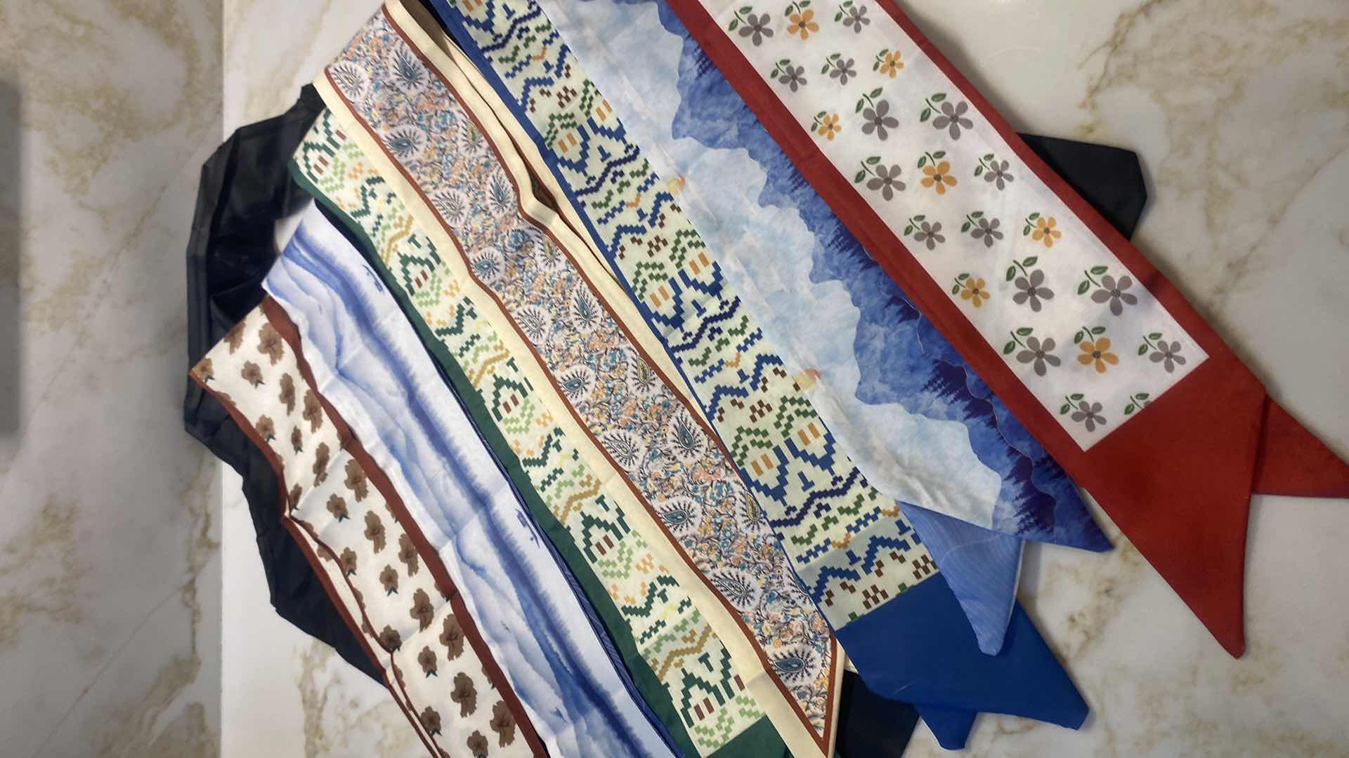 Photo 1 of NEW - 7 HAIR/ HEAD/ HATBAND SCARFS WITH BLACK REUSEABLE NYLON BAG