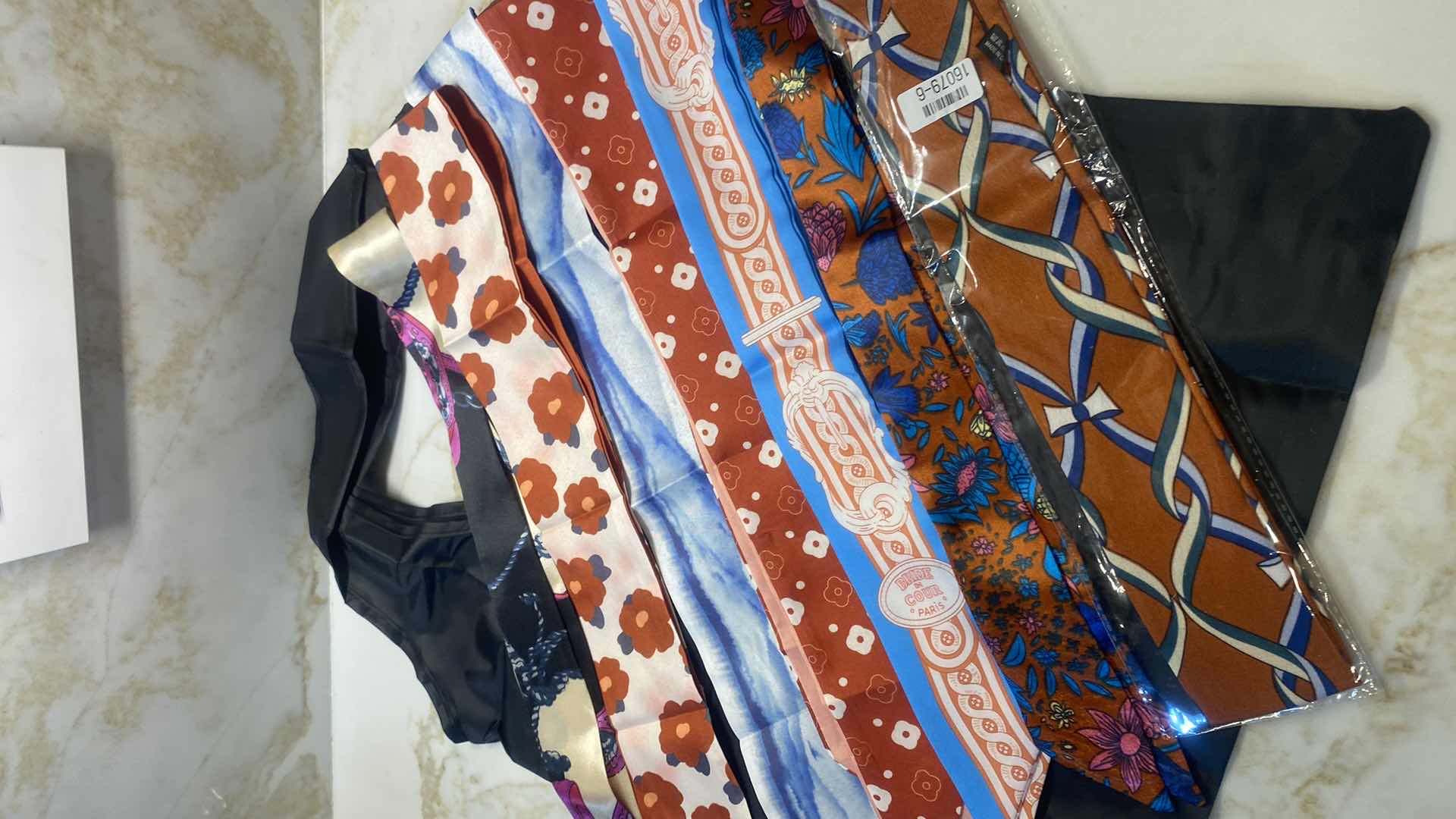 Photo 1 of NEW - 7 HAIR/ HEAD/ HATBAND SCARFS WITH BLACK REUSEABLE NYLON BAG